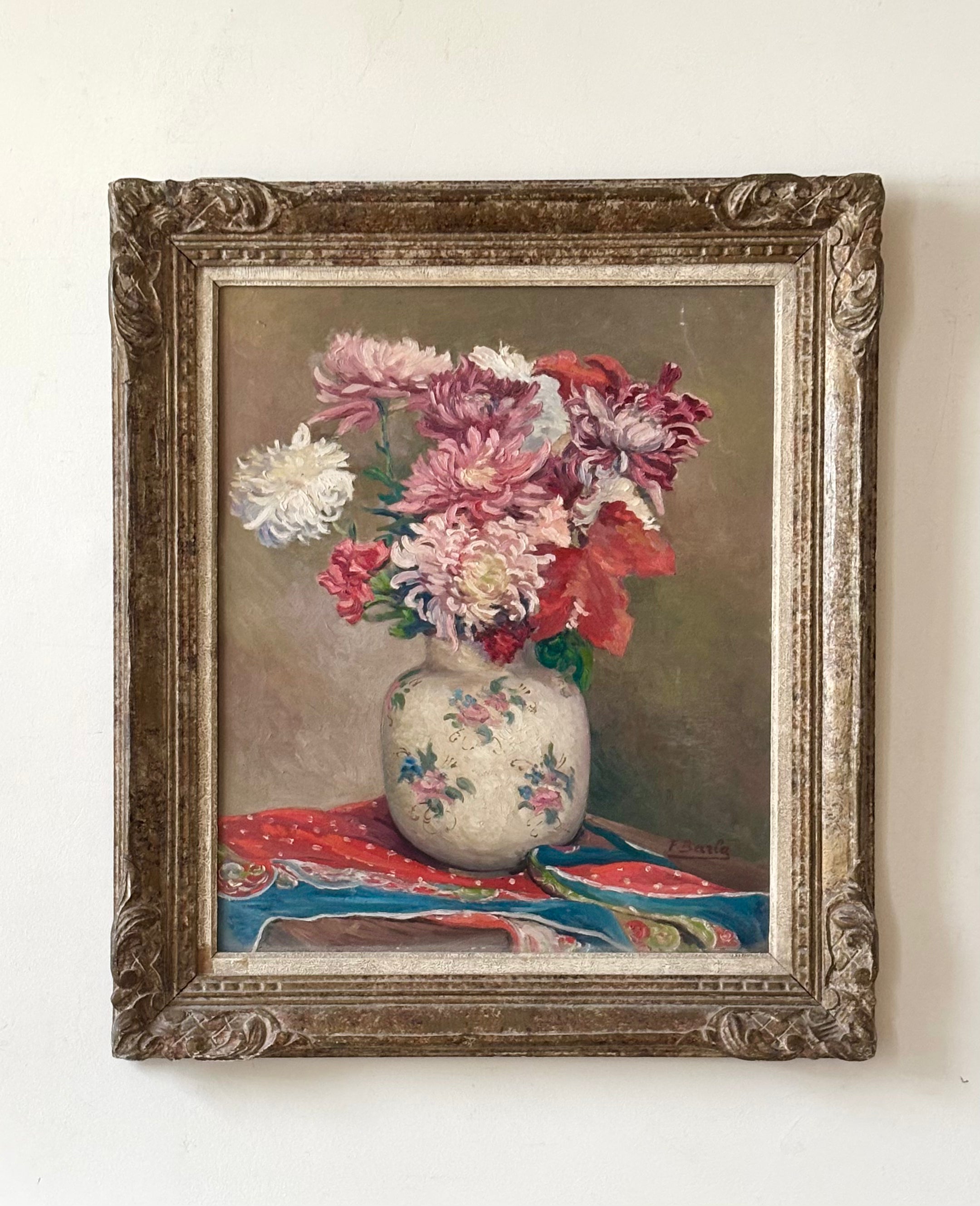 Pink and White Flowers in an Antique Vase