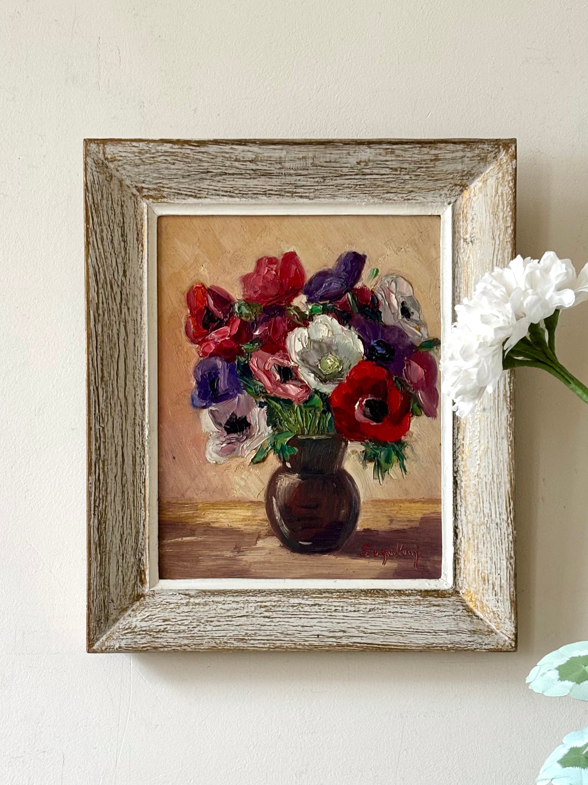 Anemones in Brown Pottery Vase