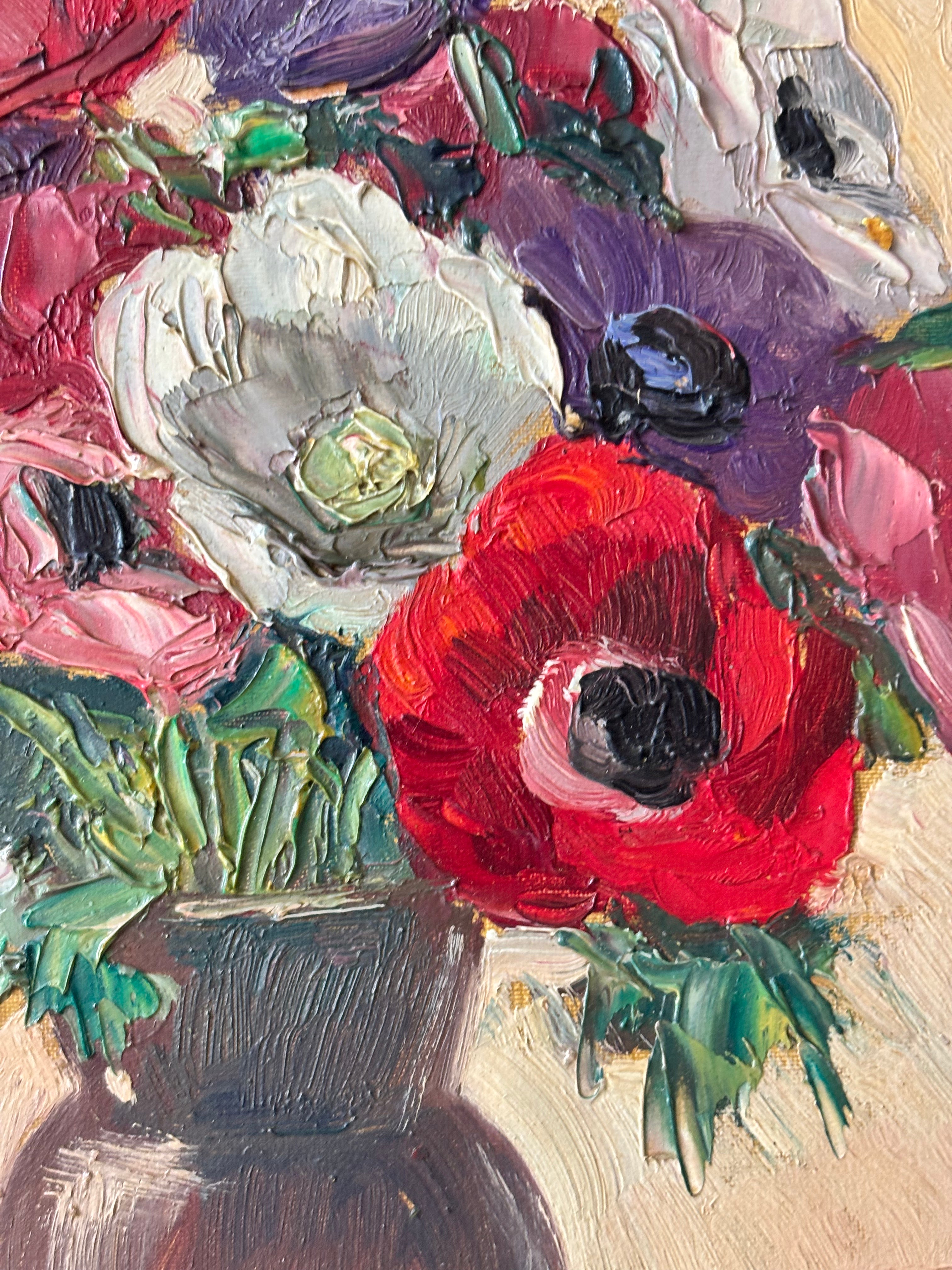 Anemones in Brown Pottery Vase