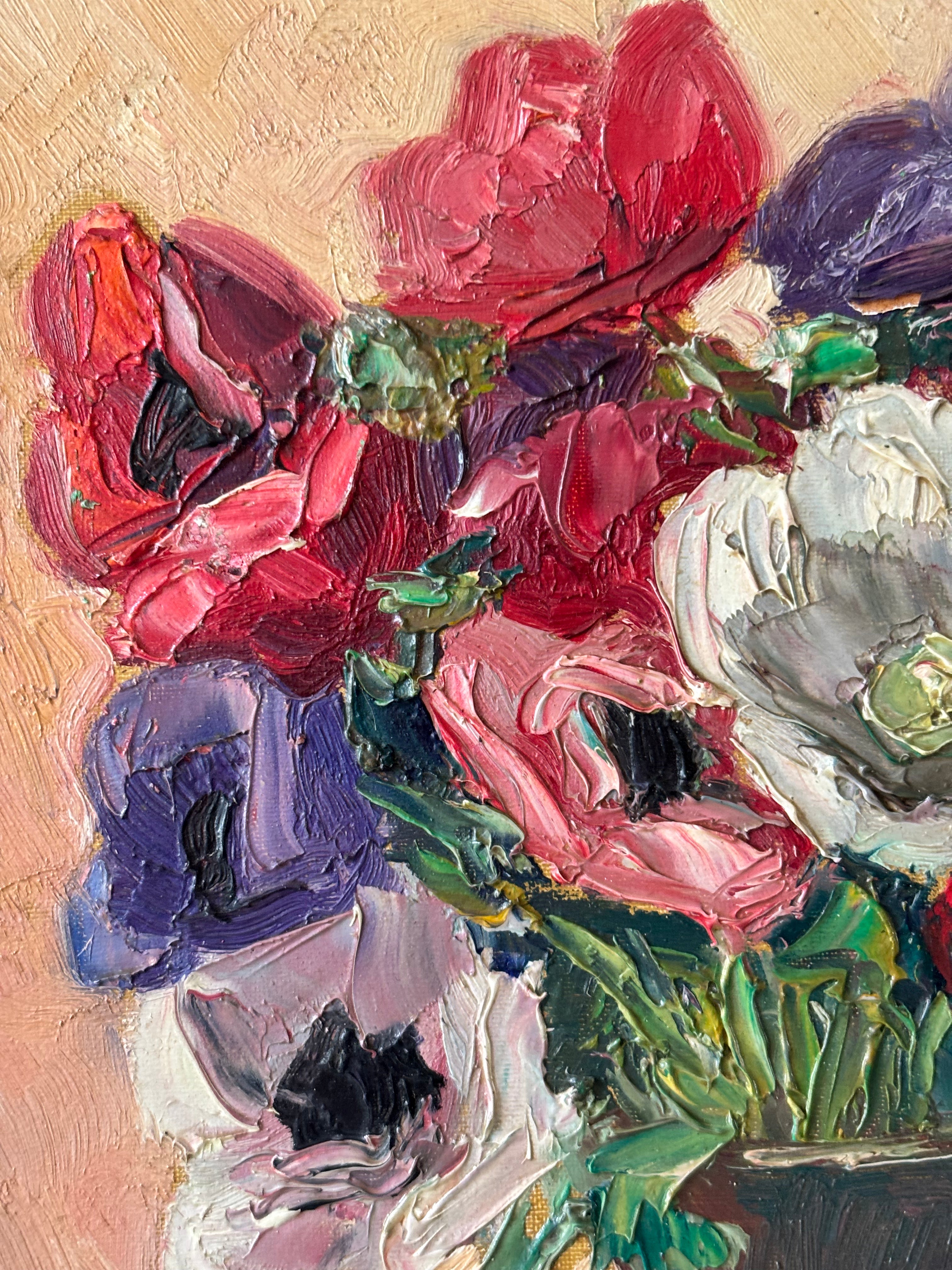 Anemones in Brown Pottery Vase