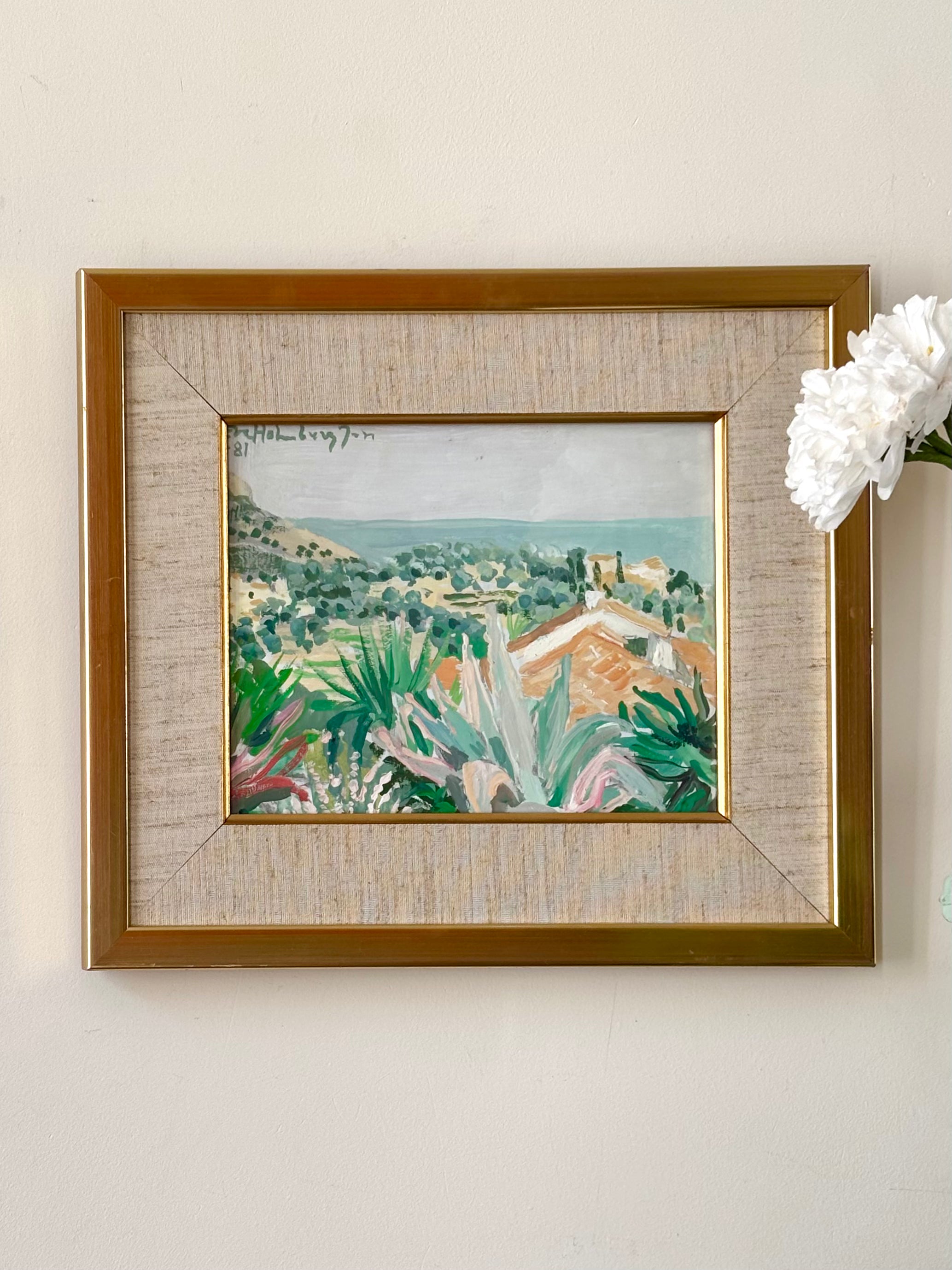 Mid-century oil gouache painting of trees, bushes, and foliage on the Mediterranean coast with the sea in the background