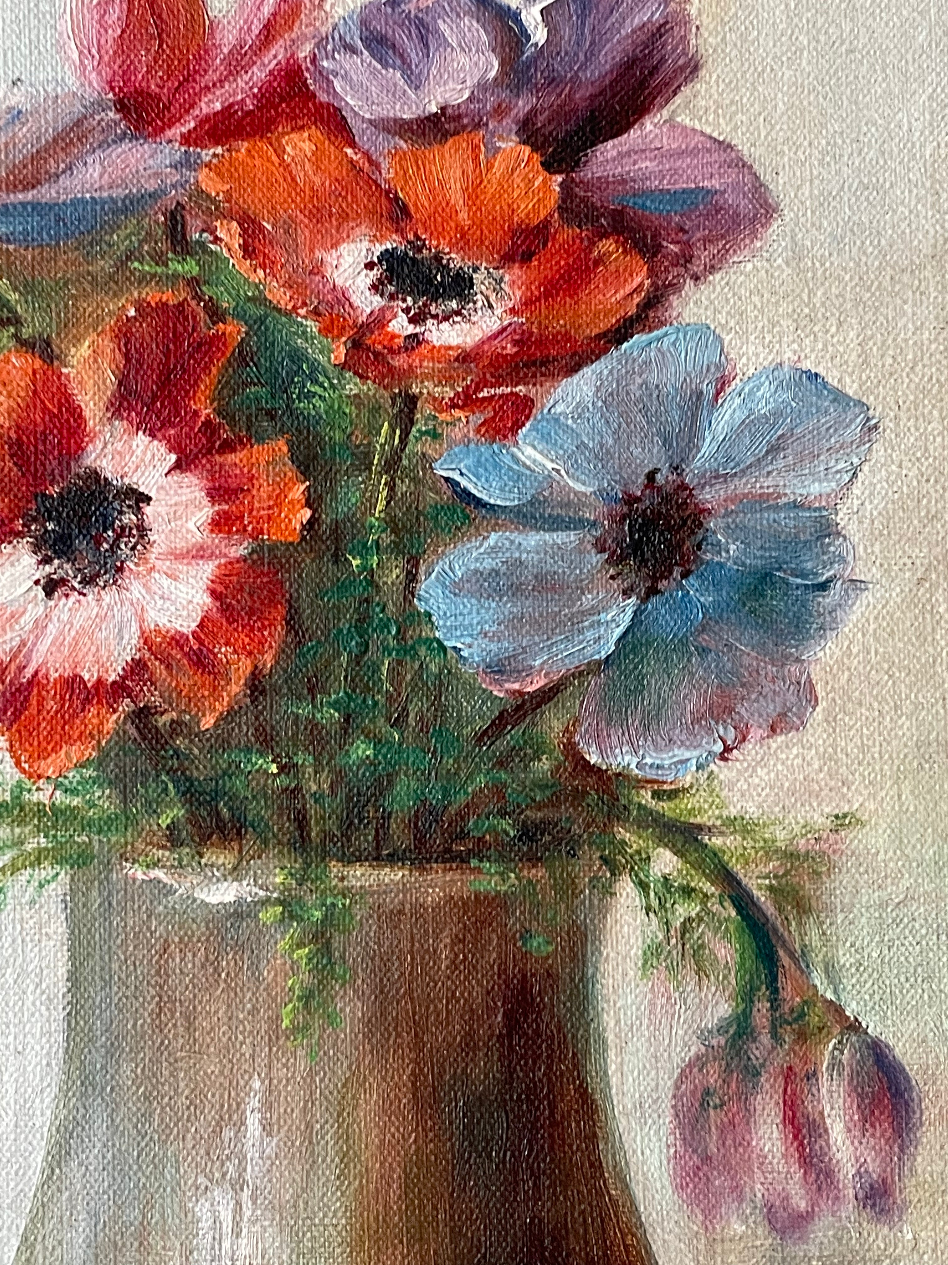 Anenomes in Brown Pottery Vase