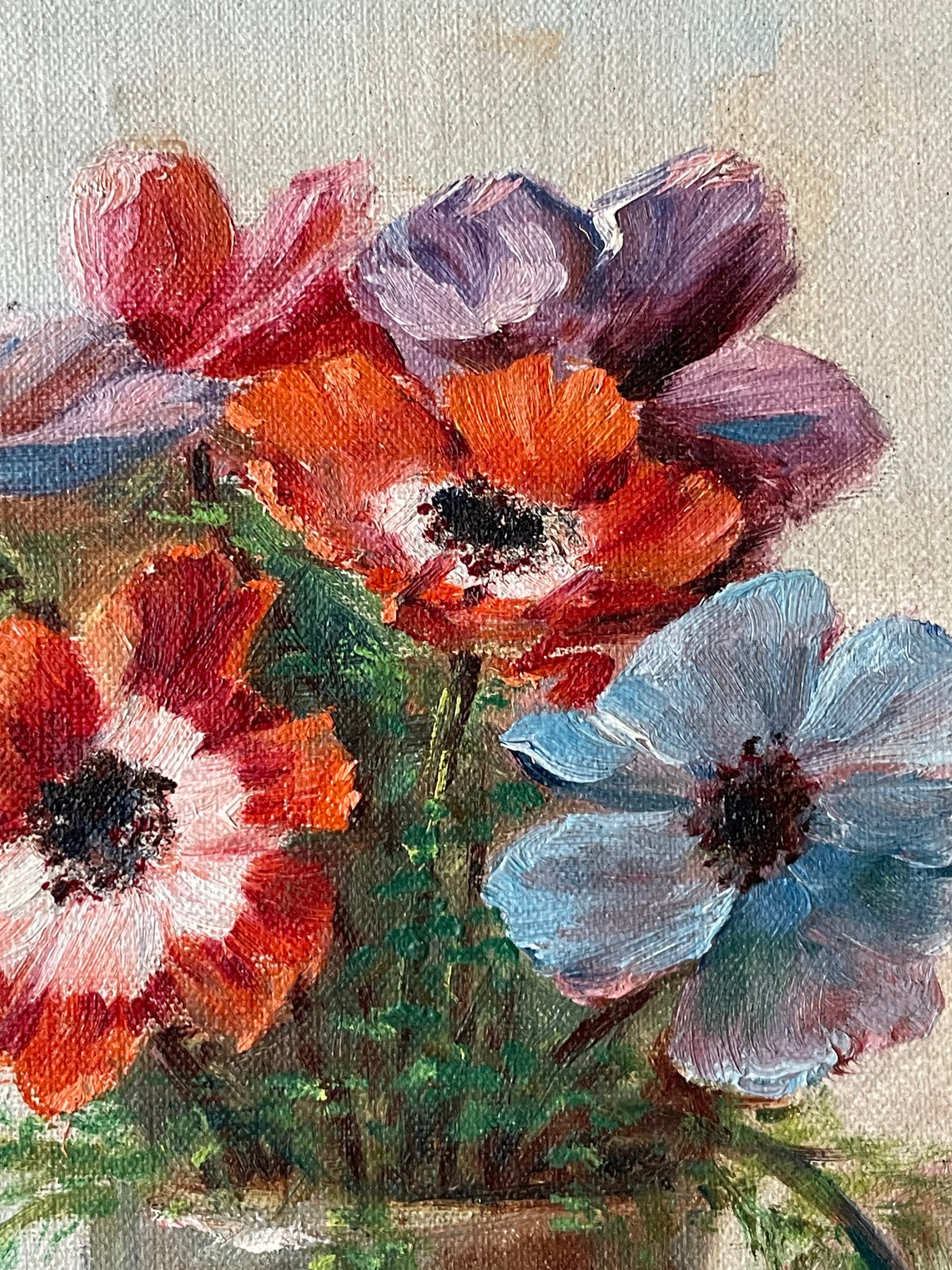 Anenomes in Brown Pottery Vase