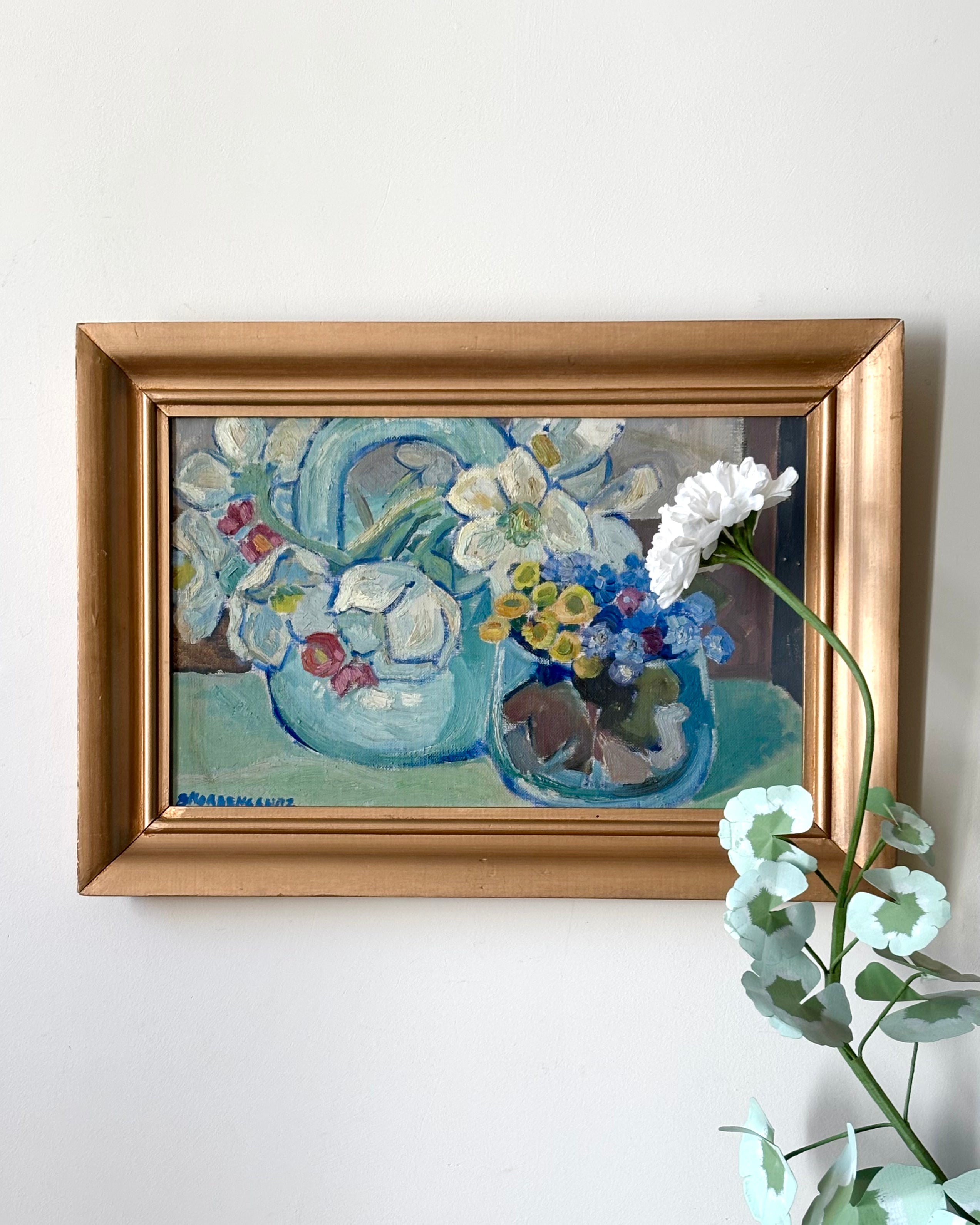 vintage mid-century oil painting of white tulips in a glass and basket