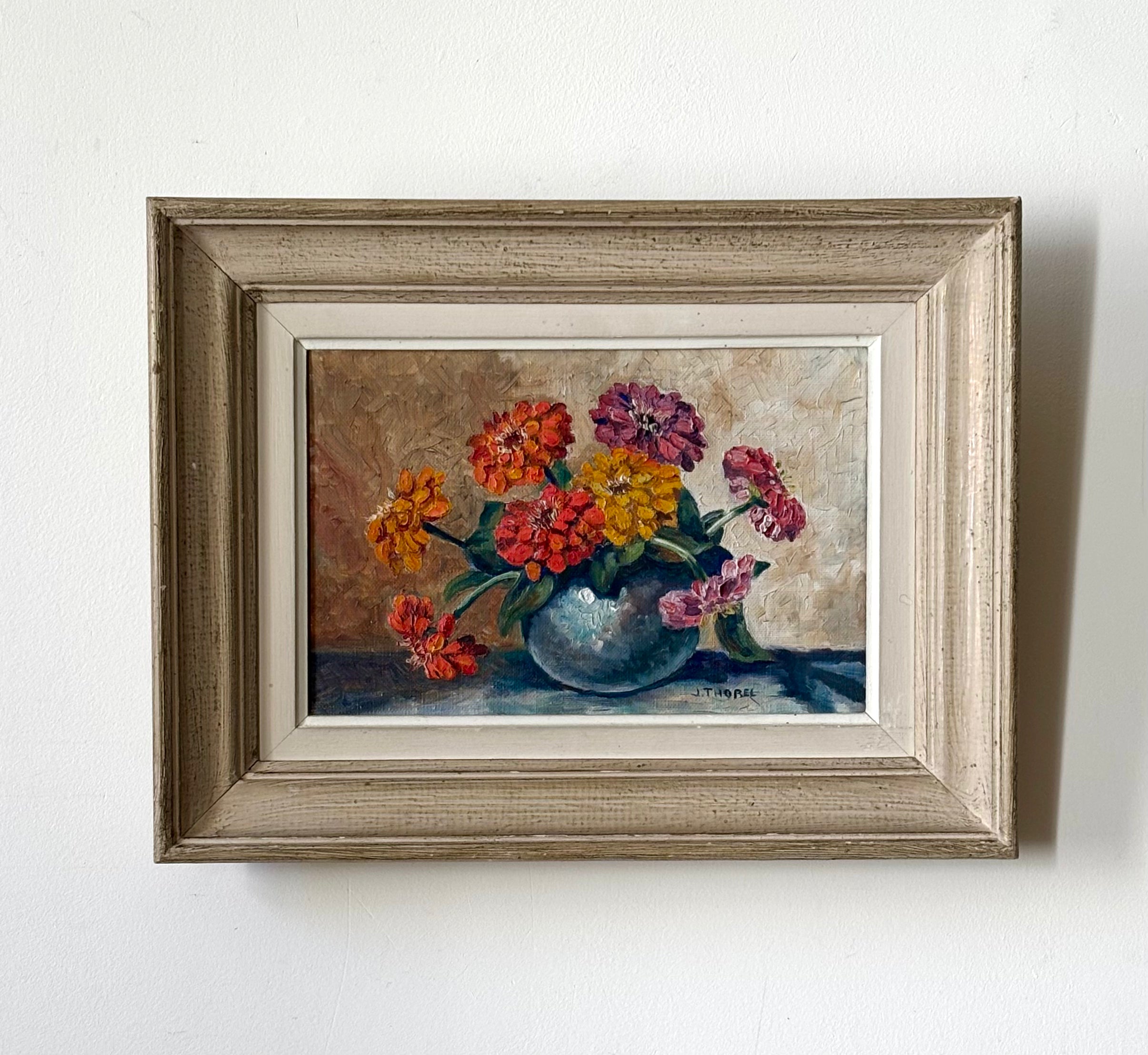 Zinnias in a Blue Vase