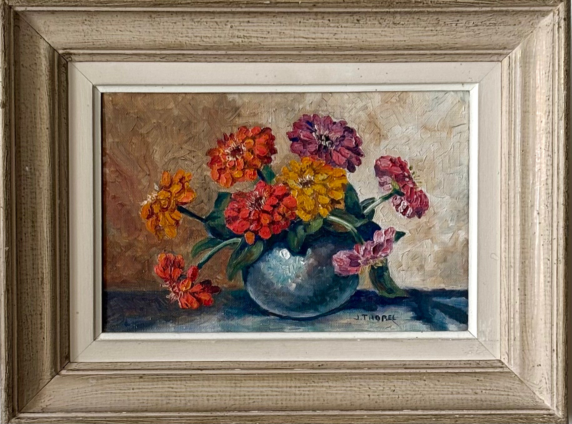 Zinnias in a Blue Vase