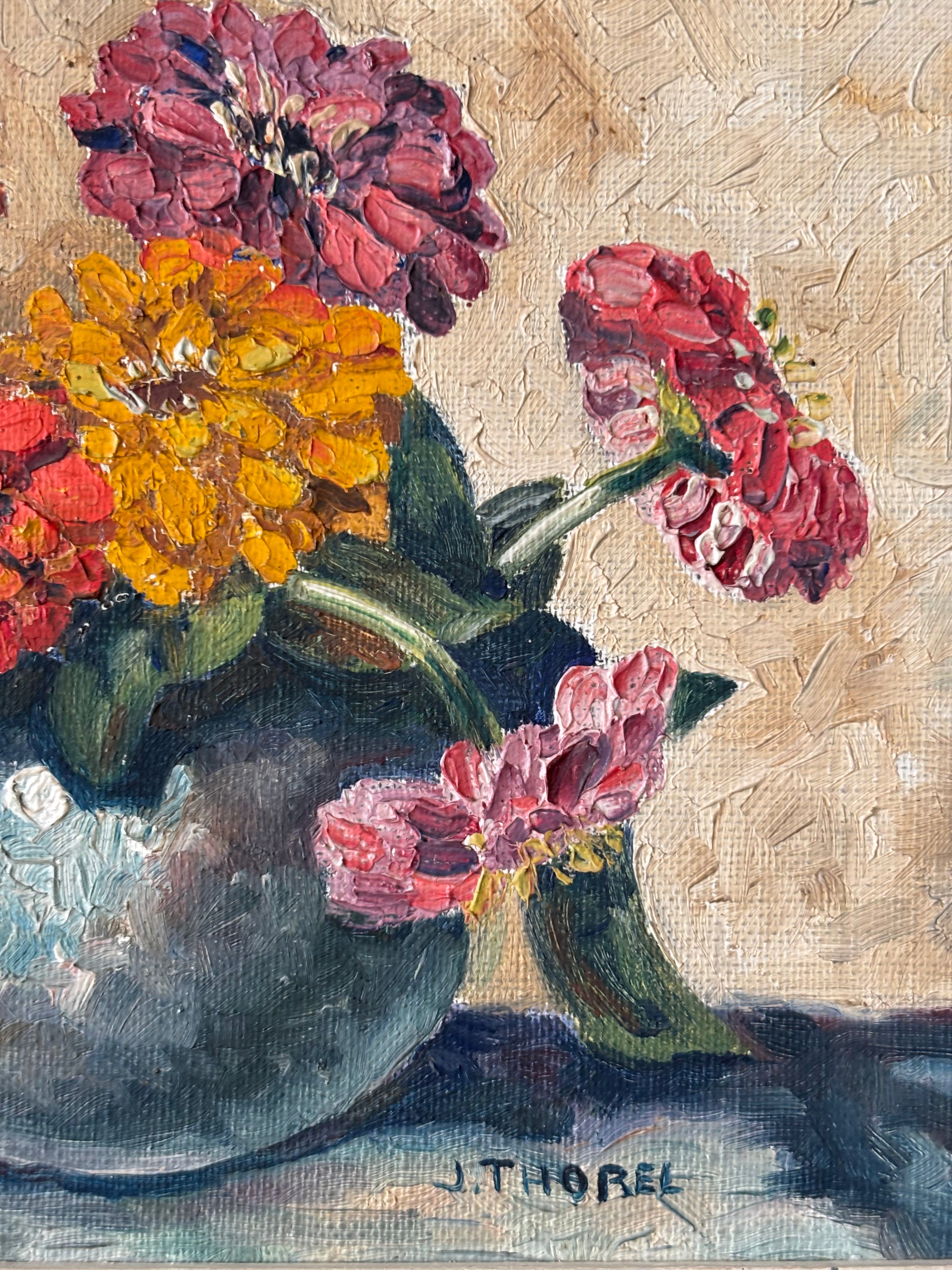 Zinnias in a Blue Vase