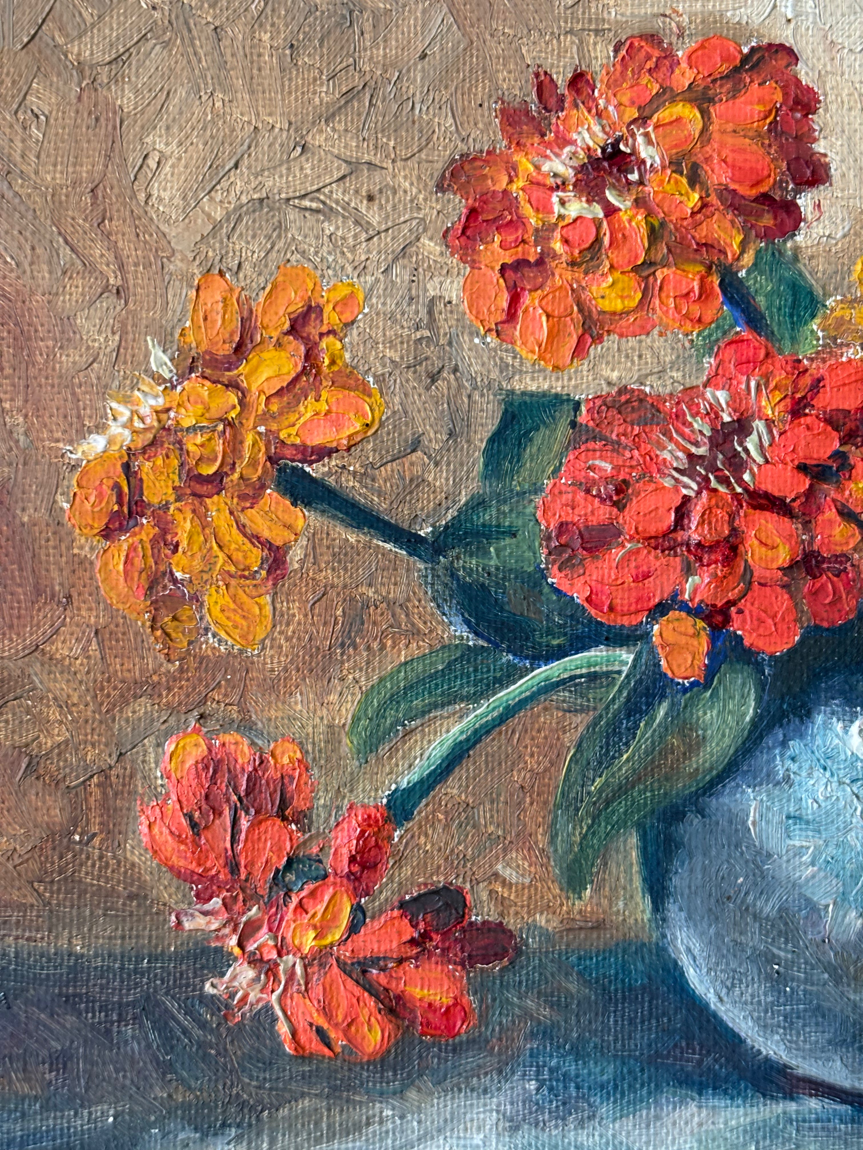 Zinnias in a Blue Vase