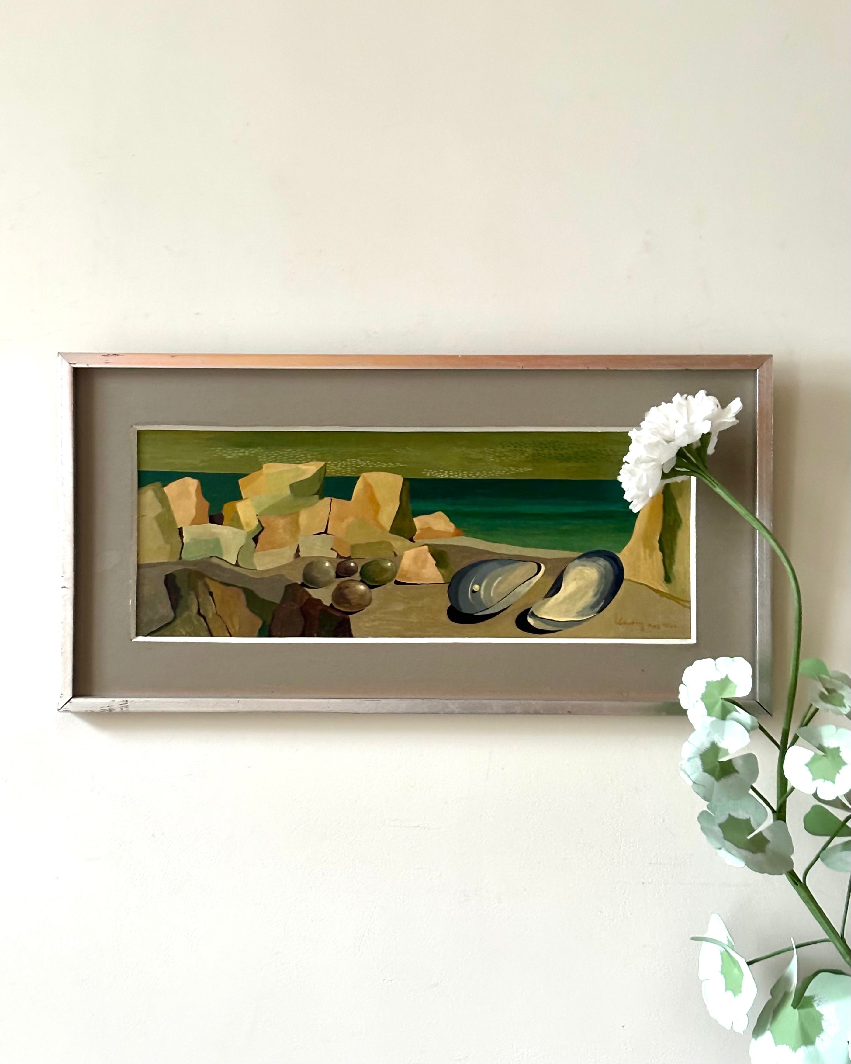 Sureralist Swedish painting with oyster shells and rocks