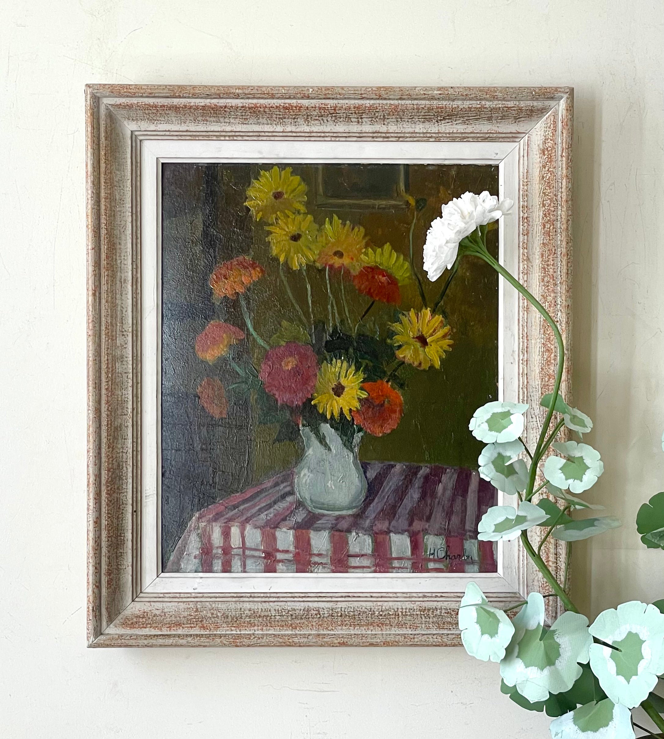 Summer Flowers on Red and White Tablecloth