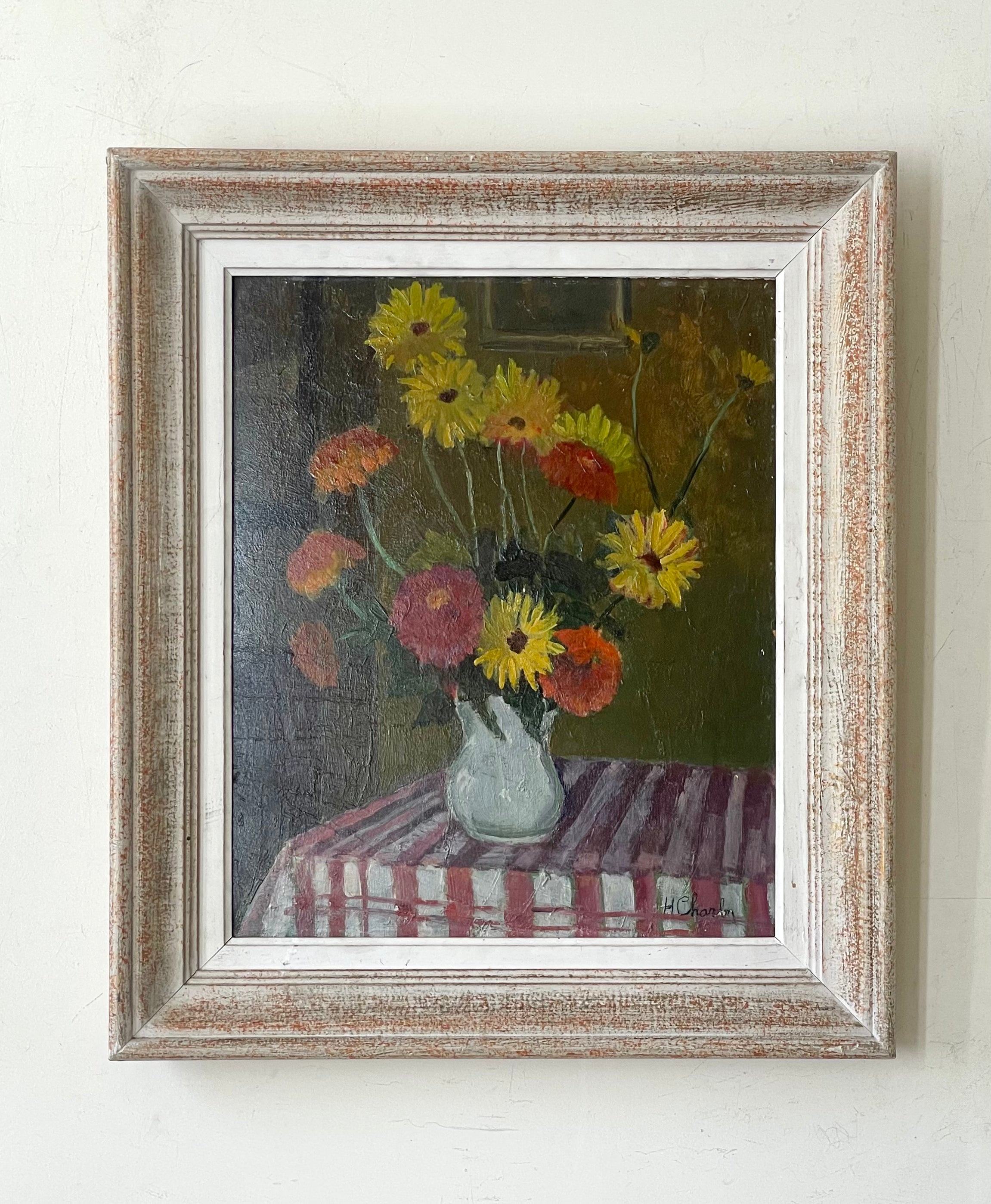Summer Flowers on Red and White Tablecloth