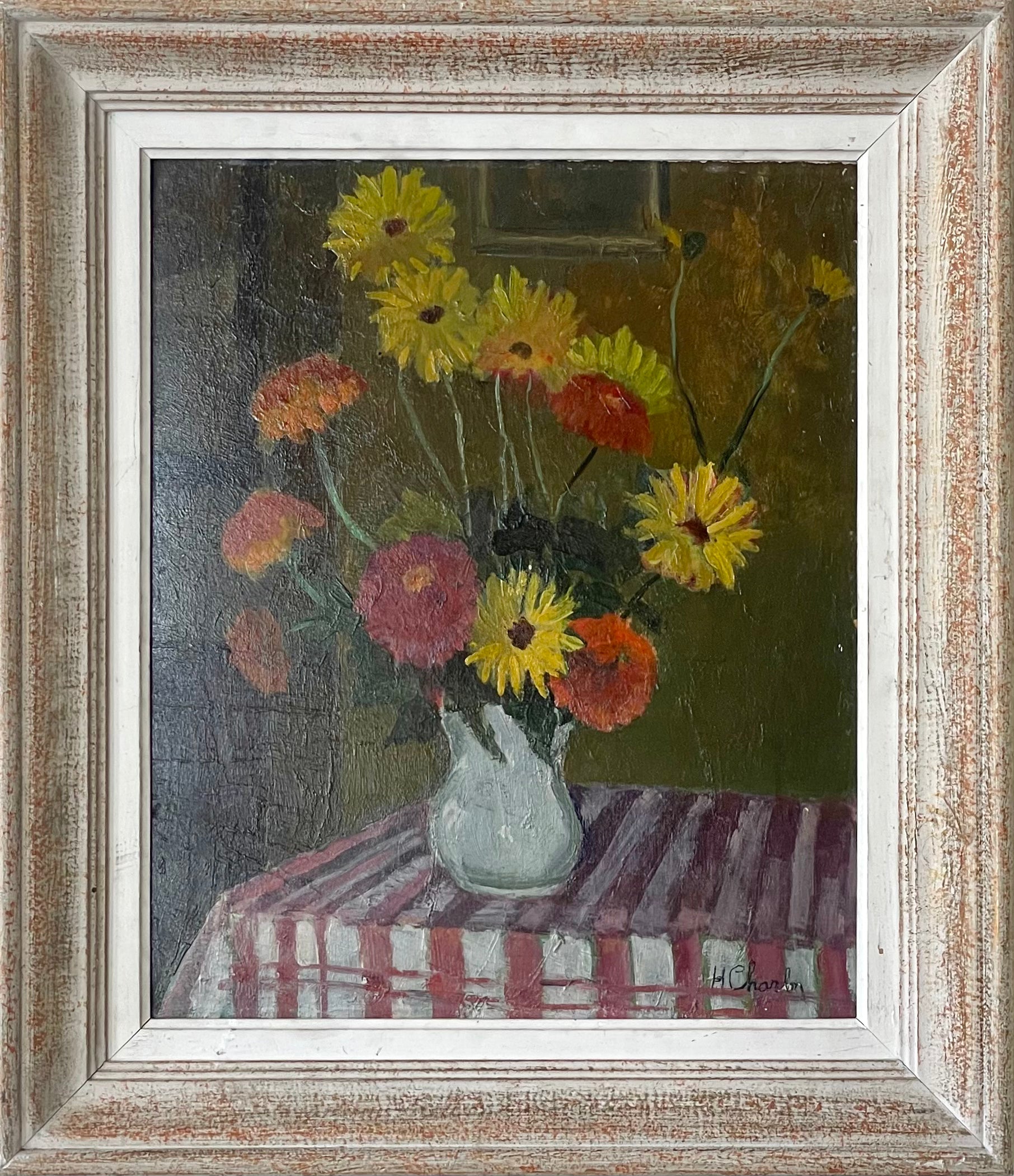 Summer Flowers on Red and White Tablecloth