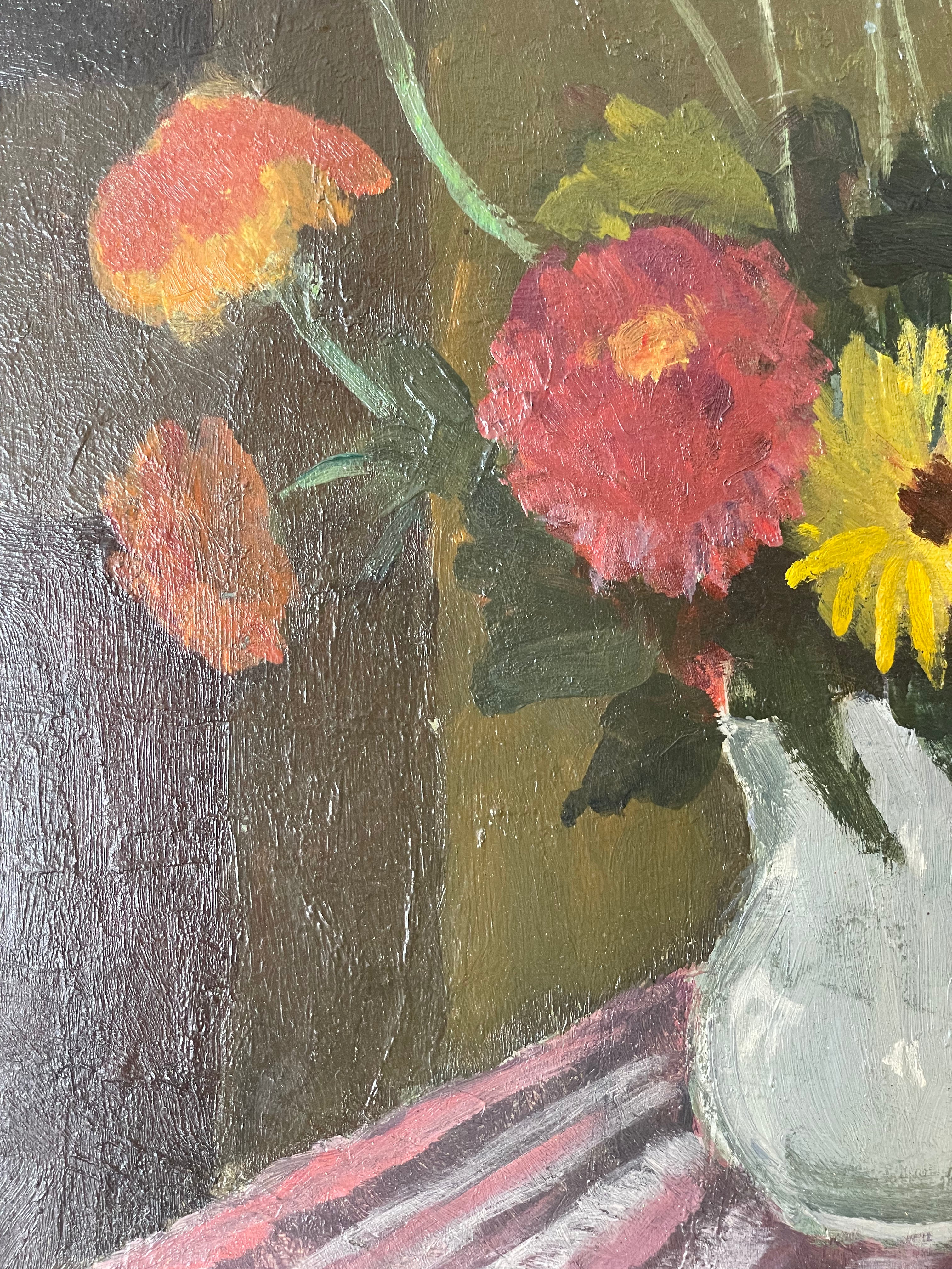 Summer Flowers on Red and White Tablecloth