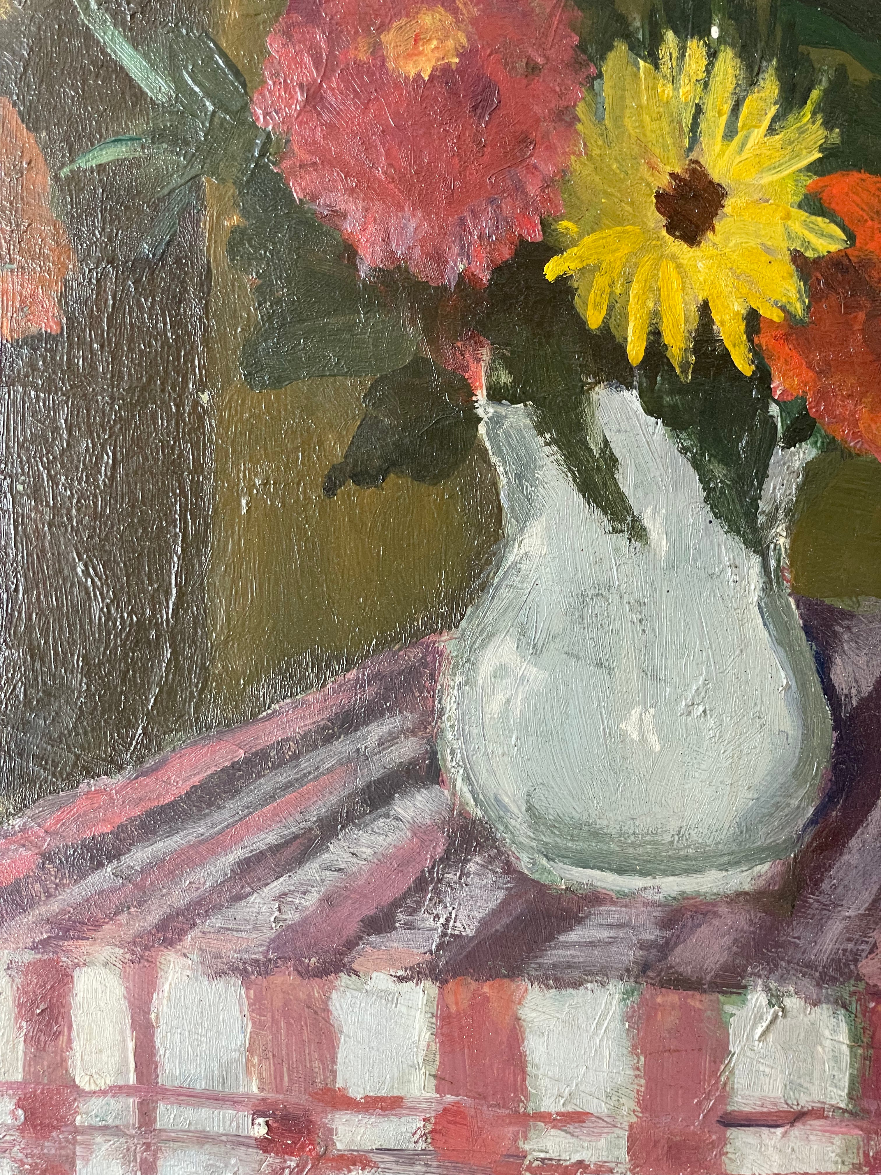 Summer Flowers on Red and White Tablecloth