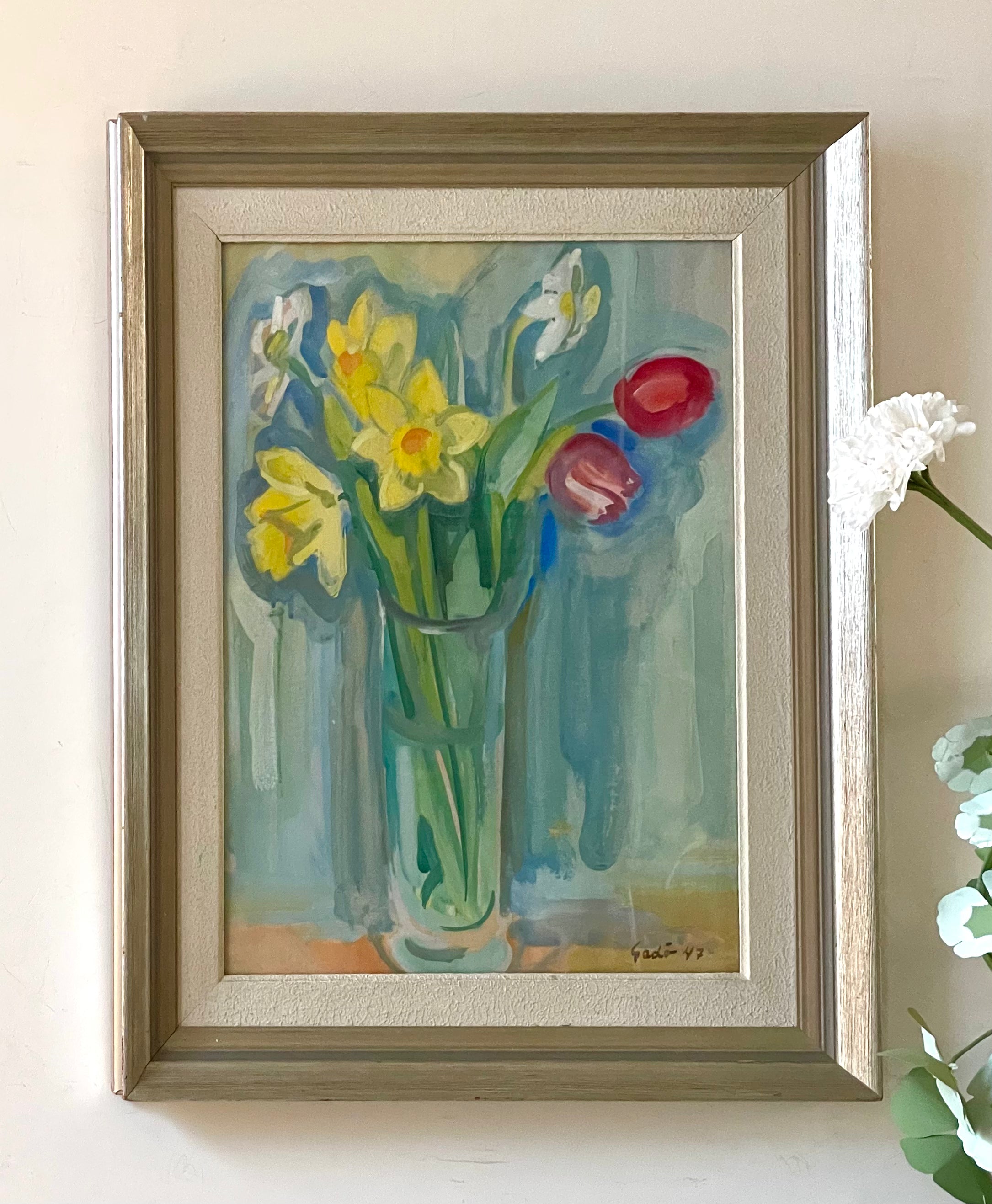 Daffodils and Tulips in a Glass Vase