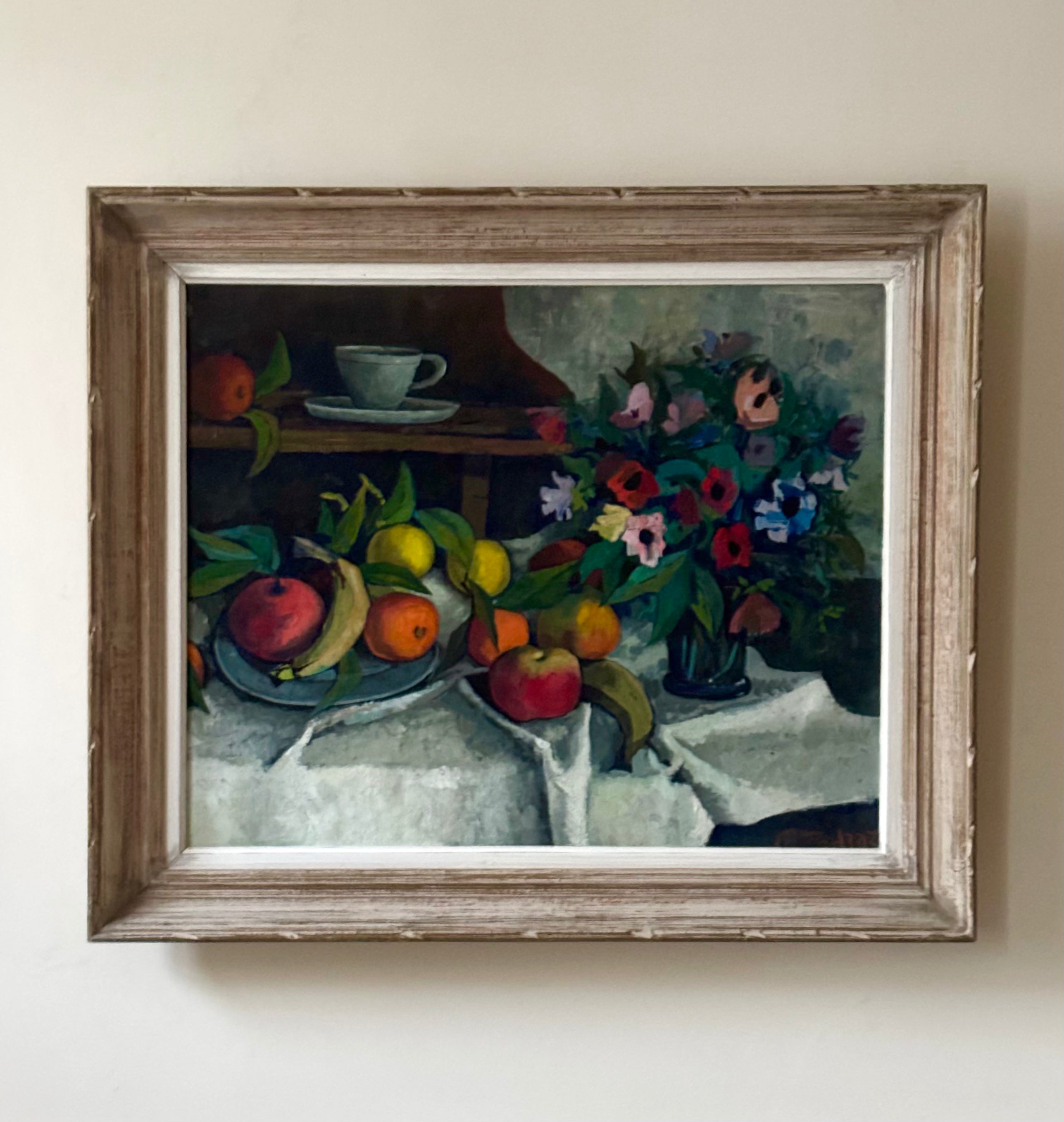 Flowers and Fruit on a White Tablecloth