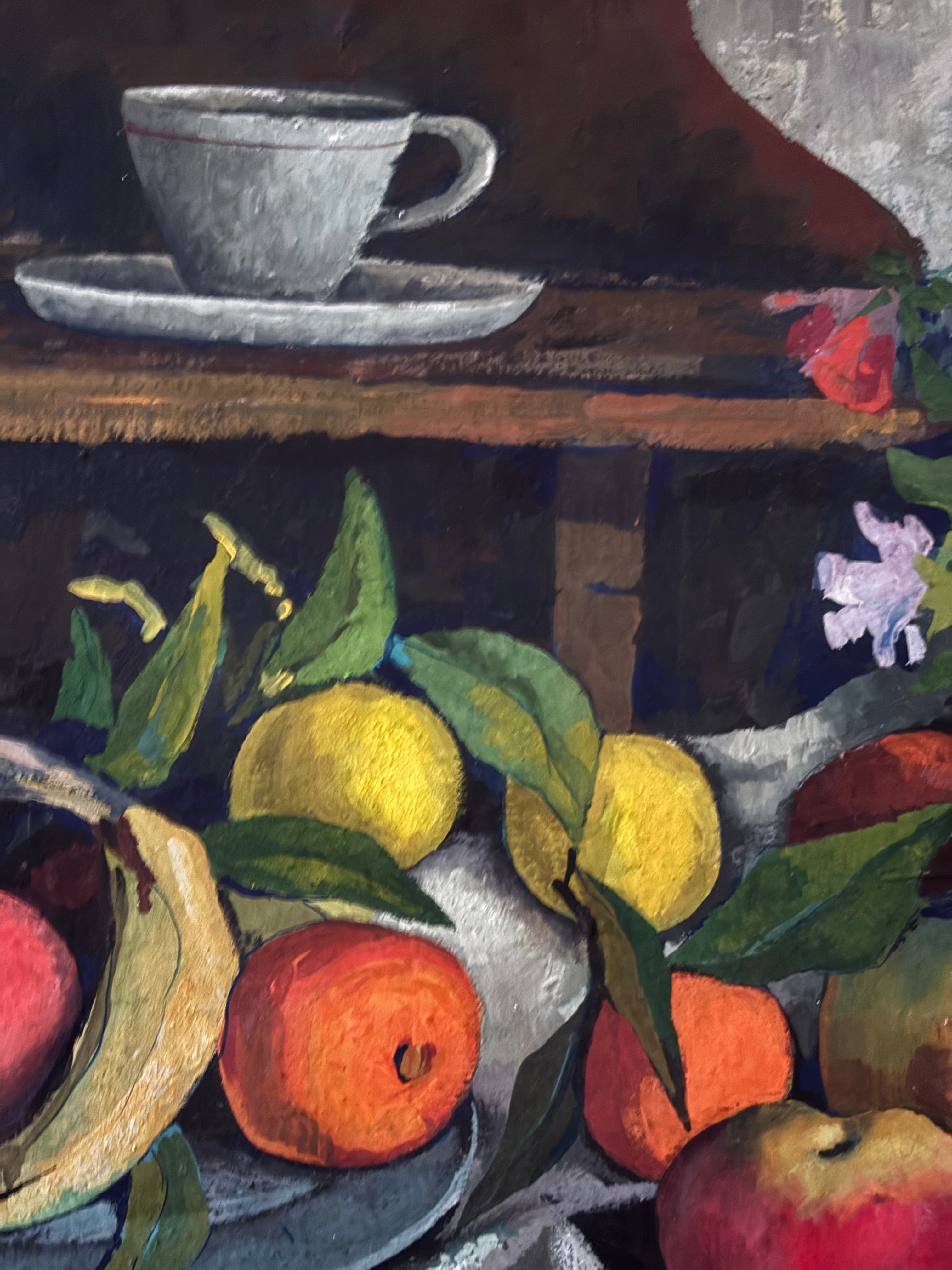 Flowers and Fruit on a White Tablecloth