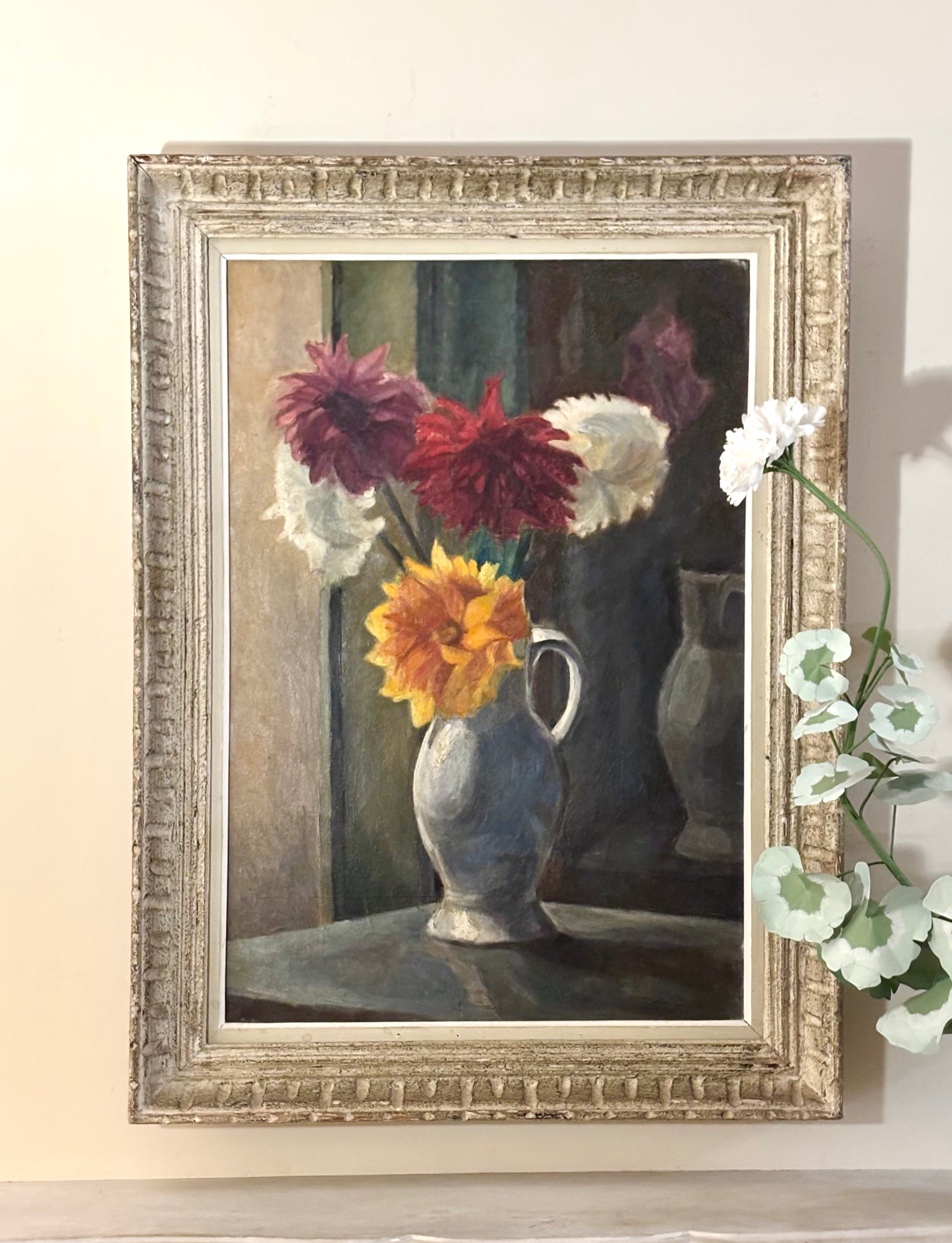 Dahlias in a White Jug