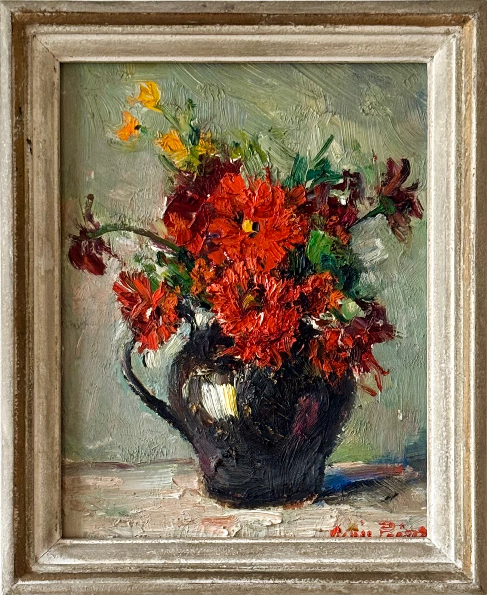 Red Flowers in Black Jug