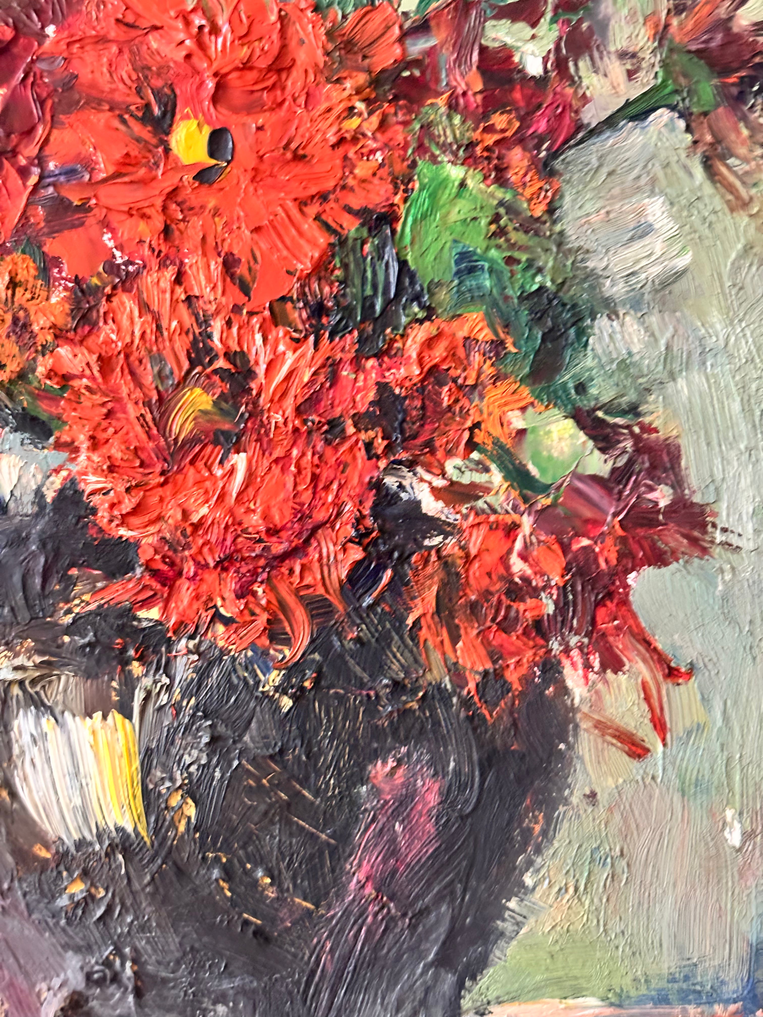 Red Flowers in Black Jug