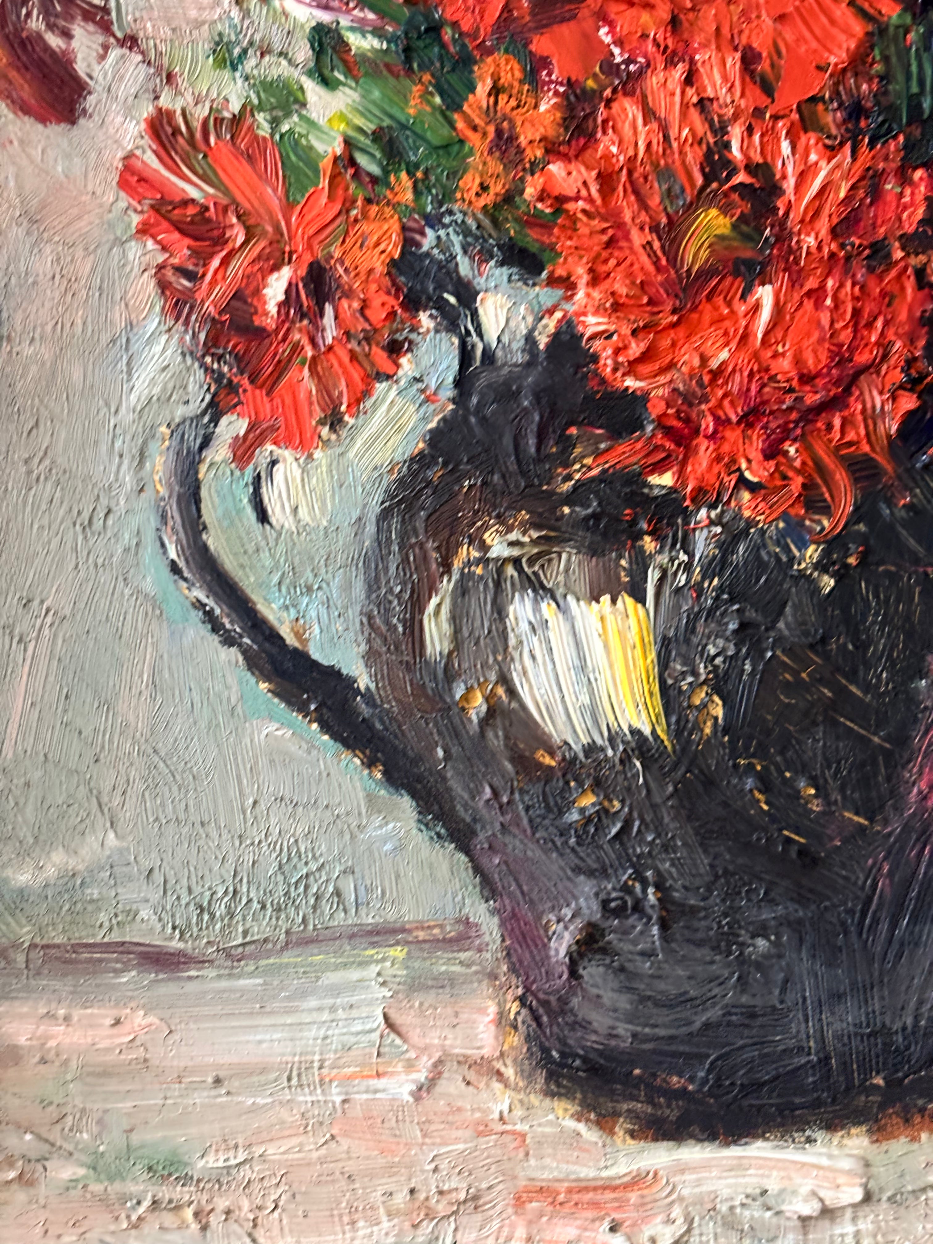 Red Flowers in Black Jug