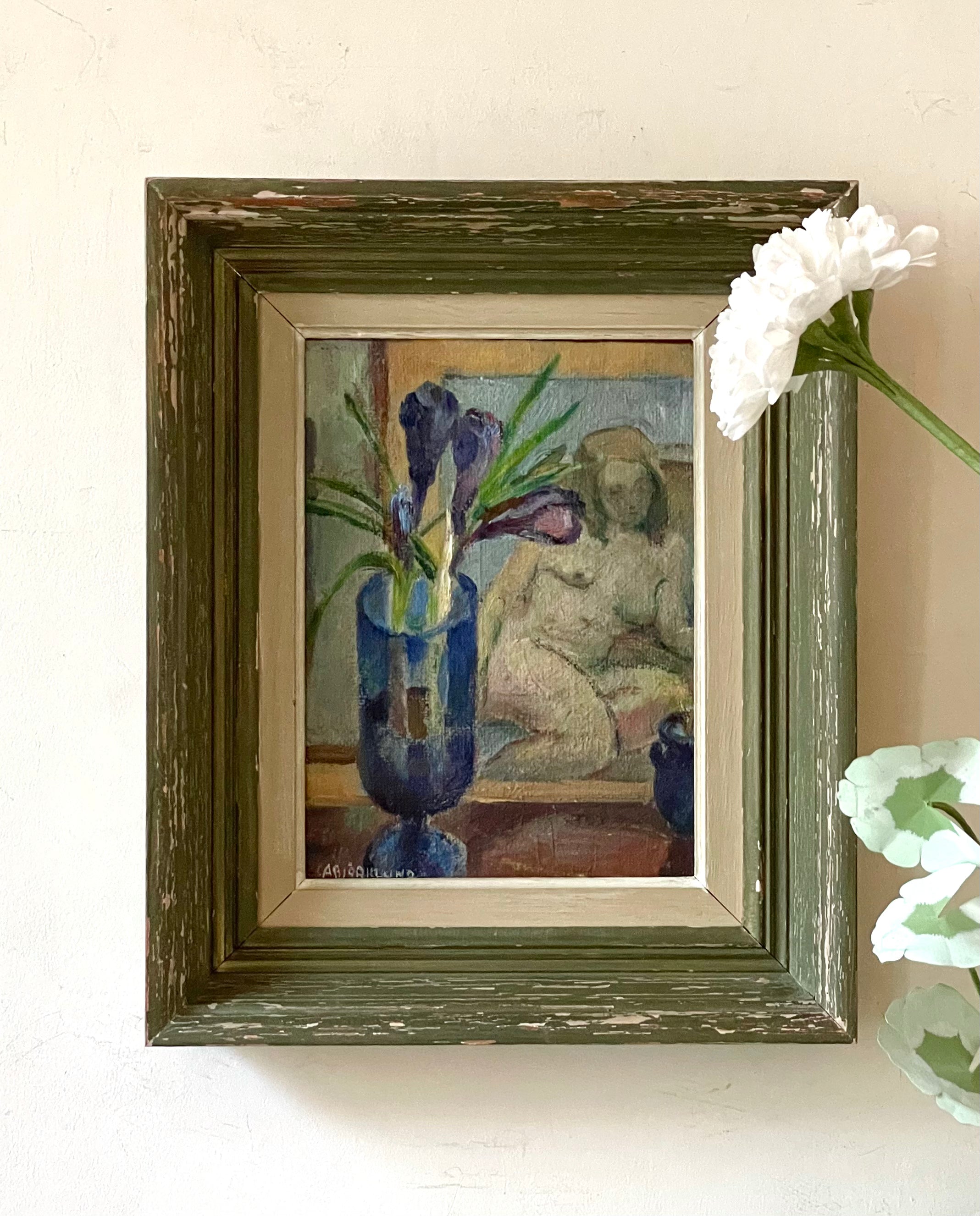 vintage affordable original oil painting of purple irises and a nude