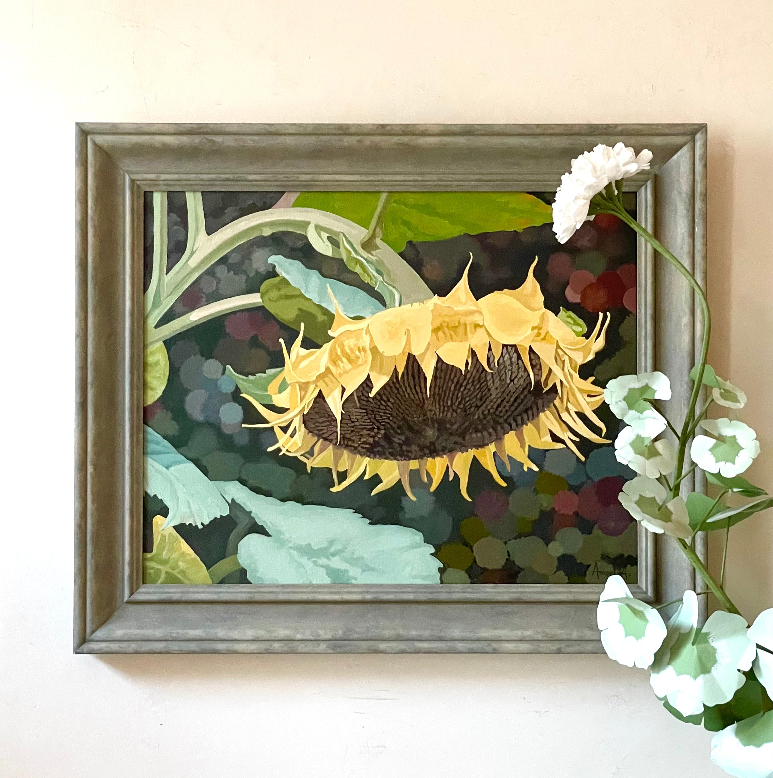 vintage affordable original oil painting of a sunflower