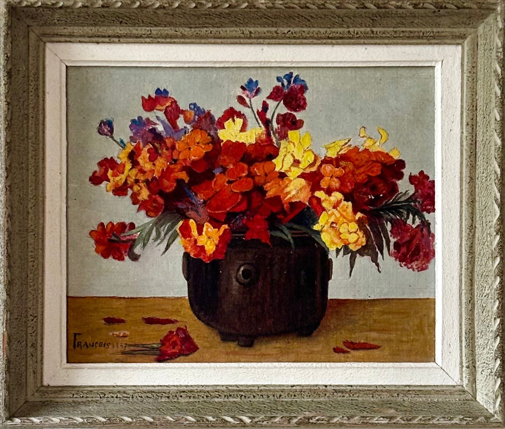 Marigolds in a Wooden Pot