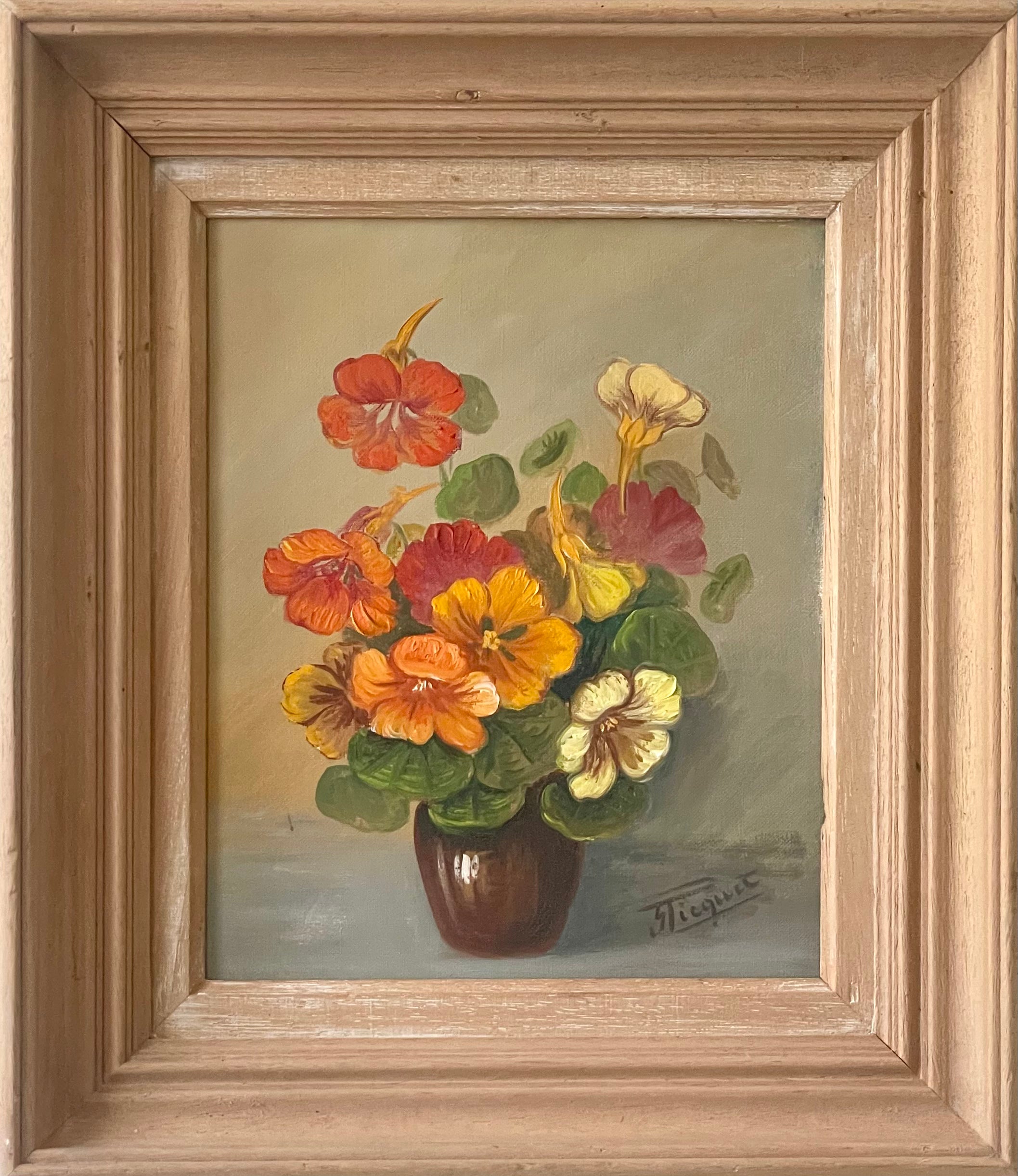 Nasturtiums in a Brown Vase