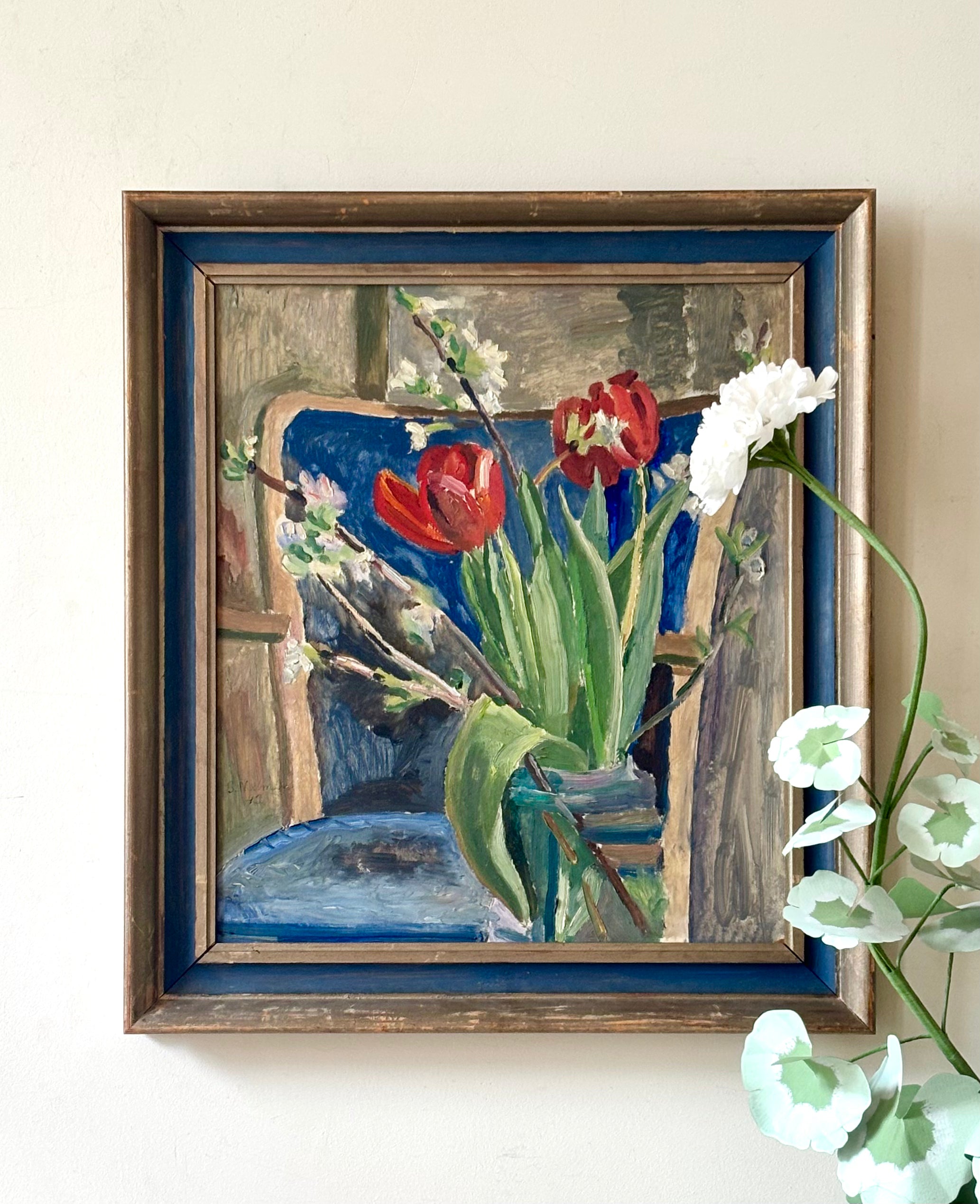 Red Tulips with a Blue Chair