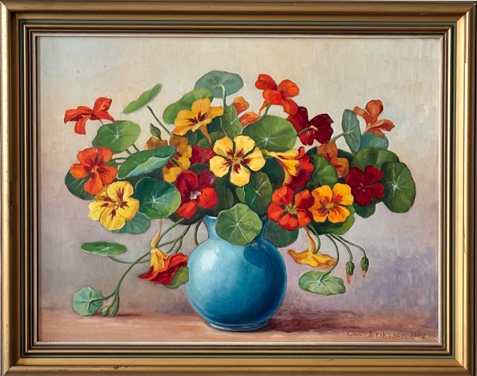 Nasturtiums in a Blue Vase