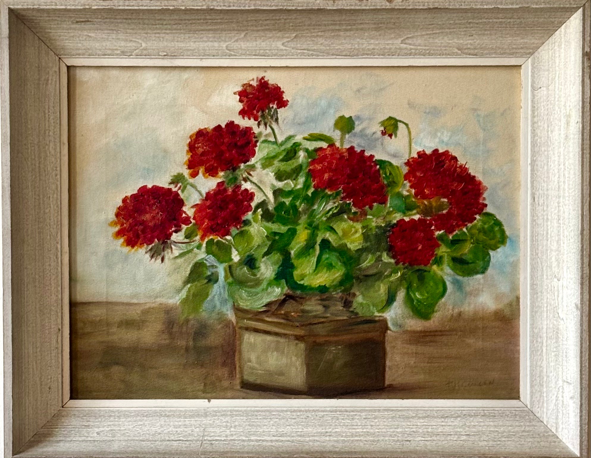 Red Geraniums in a Brown Vase