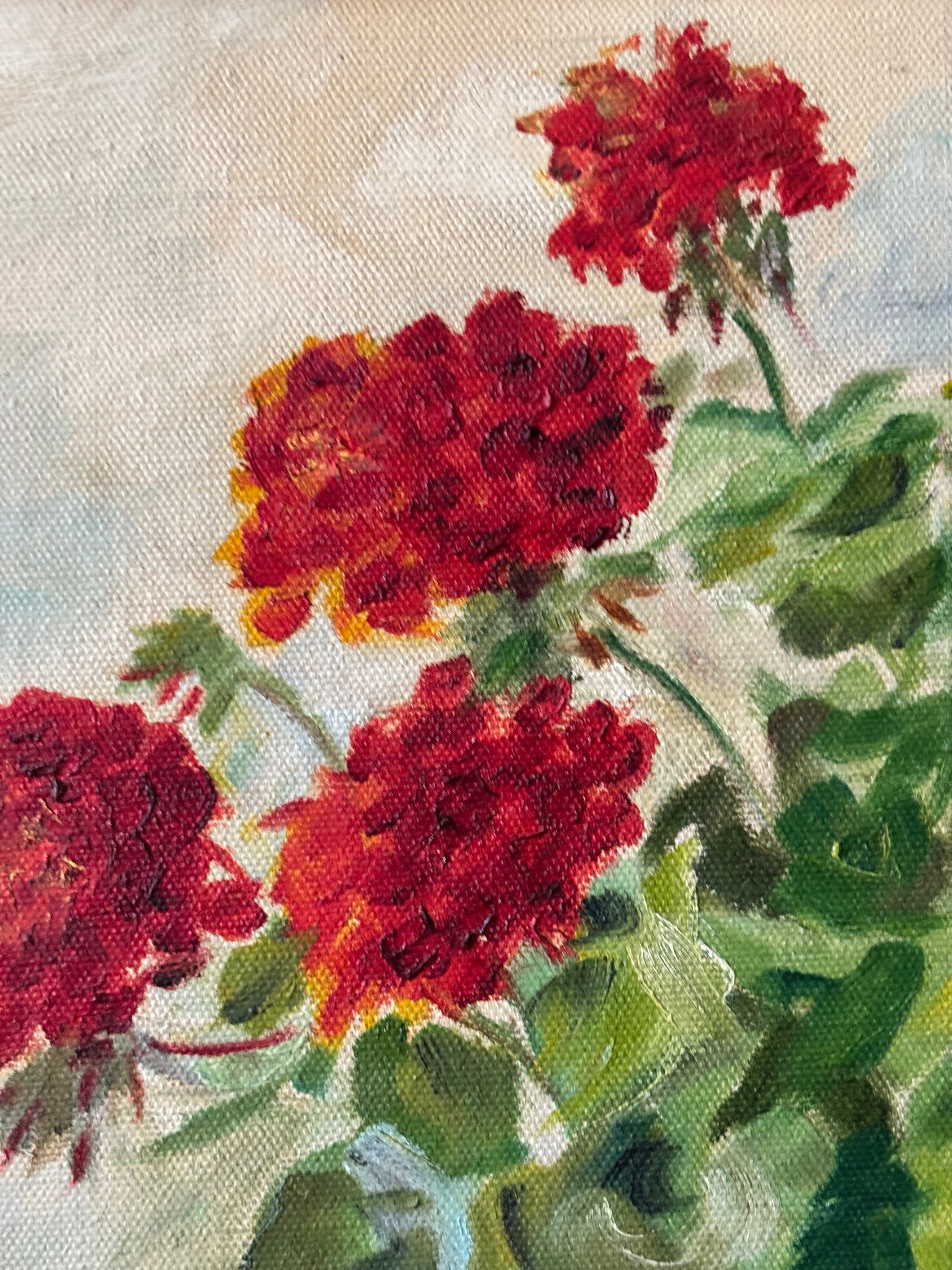 Red Geraniums in a Brown Vase