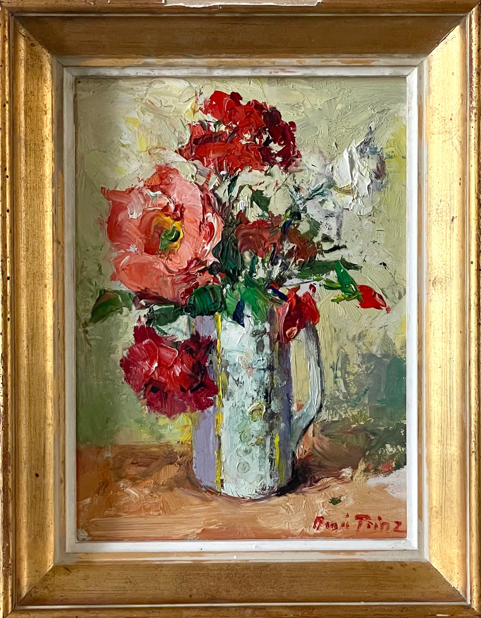 Red Flowers in a White Jug