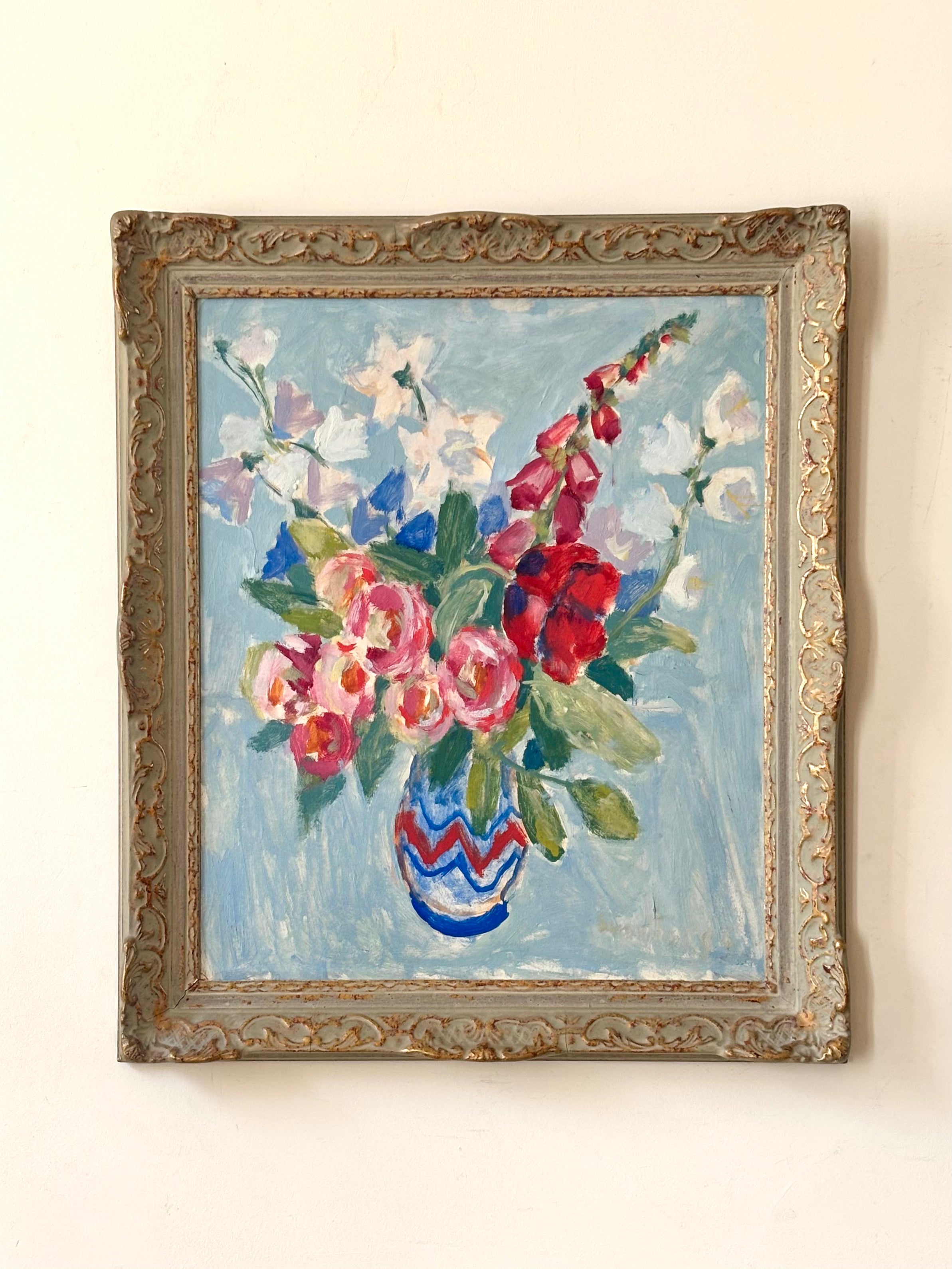 Foxgloves and Peonies on Blue