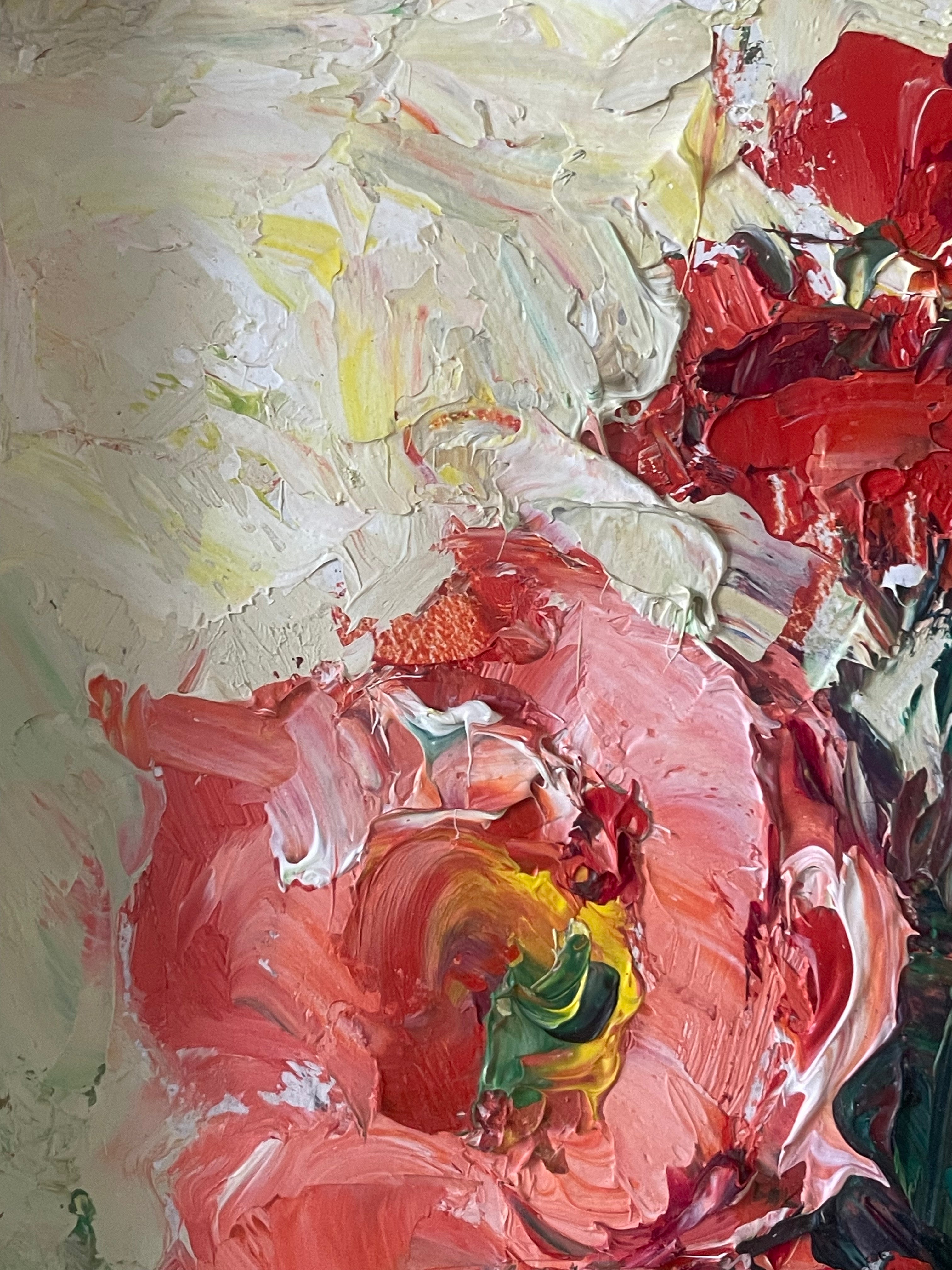 Red Flowers in a White Jug