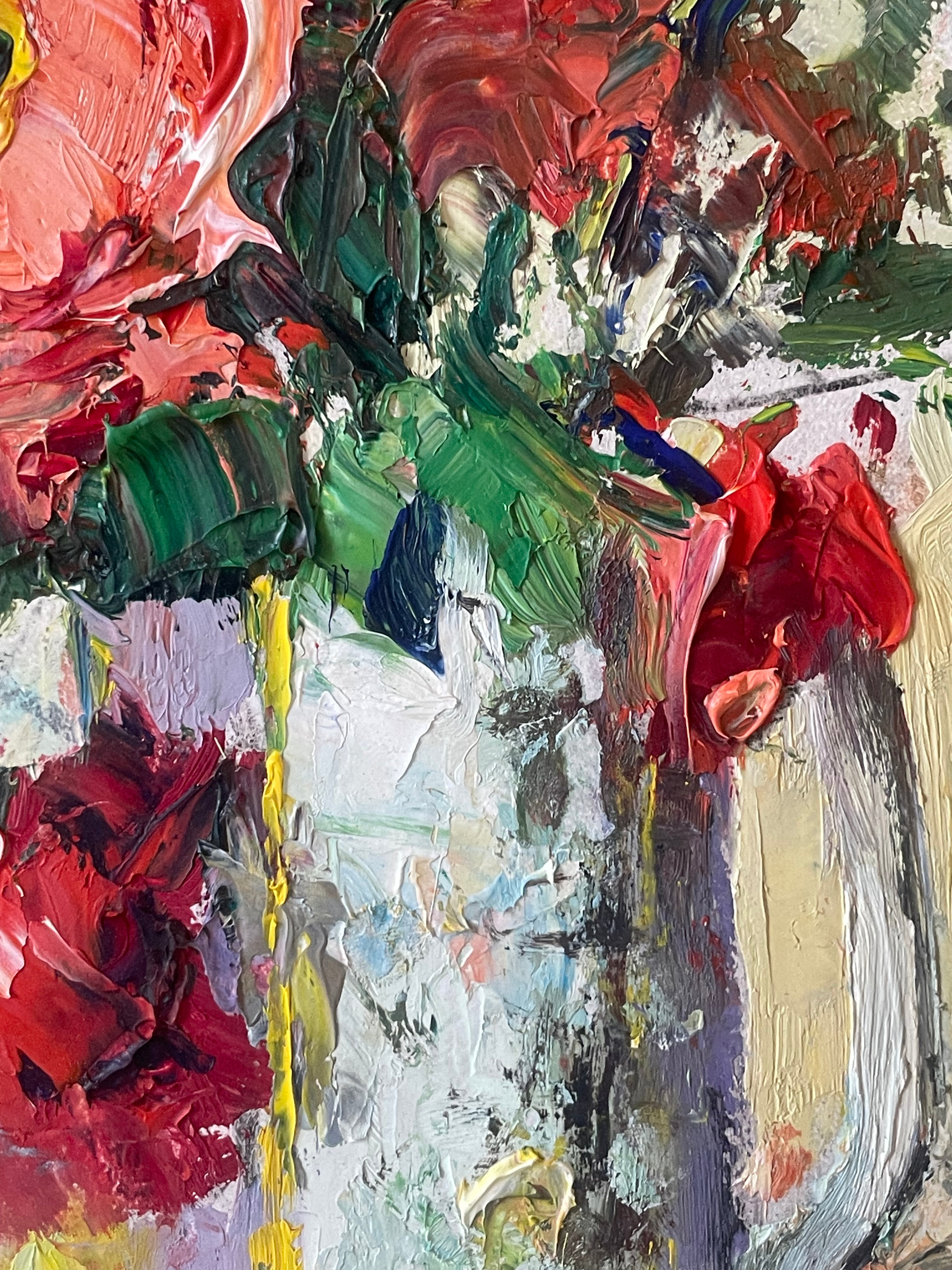 Red Flowers in a White Jug