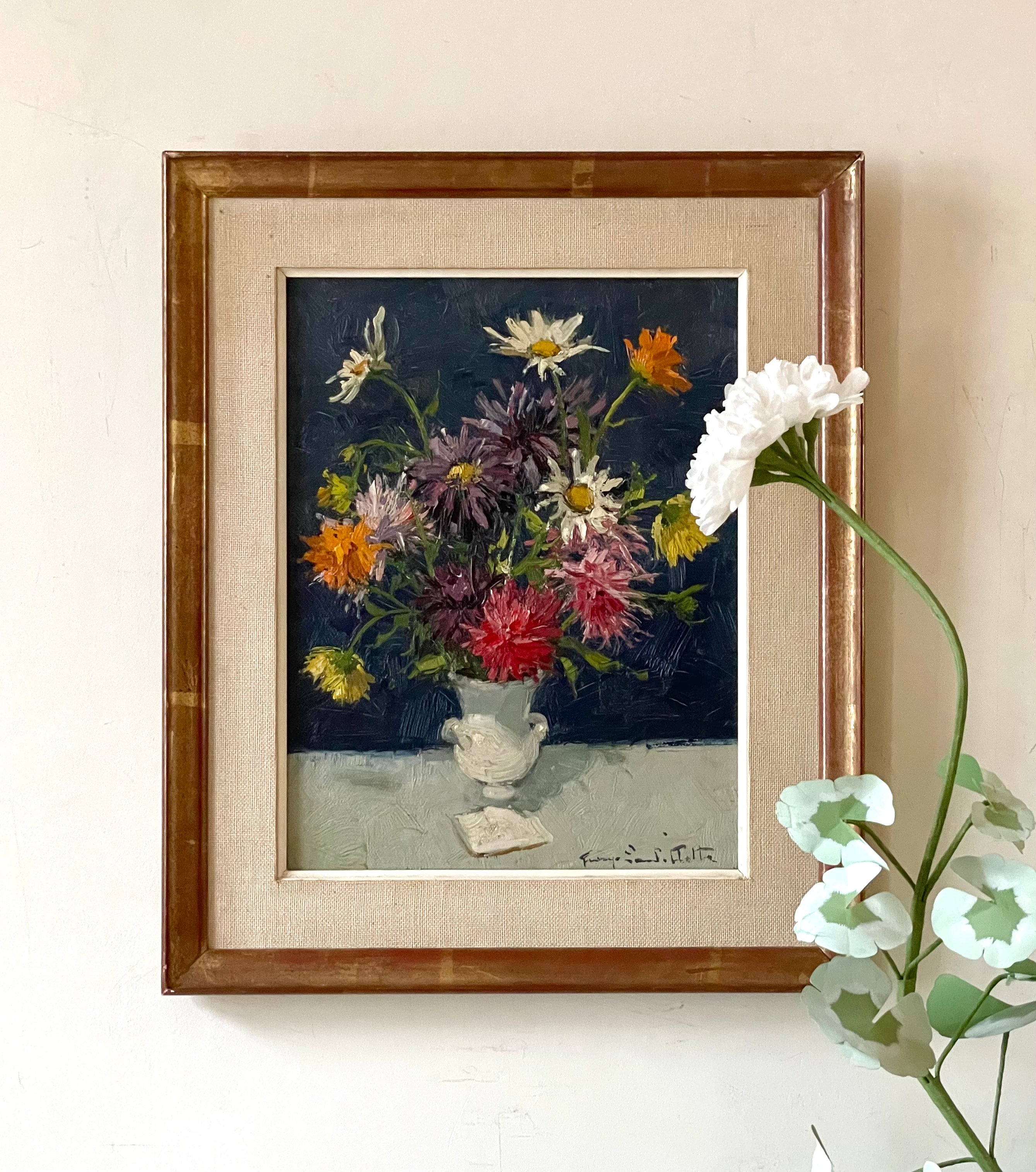 vintage affordable original oil painting of summer flowers in a white vase