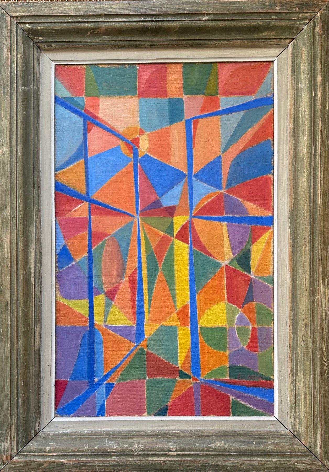 Abstract painting of a mosaic of multicoloured geometric shapes