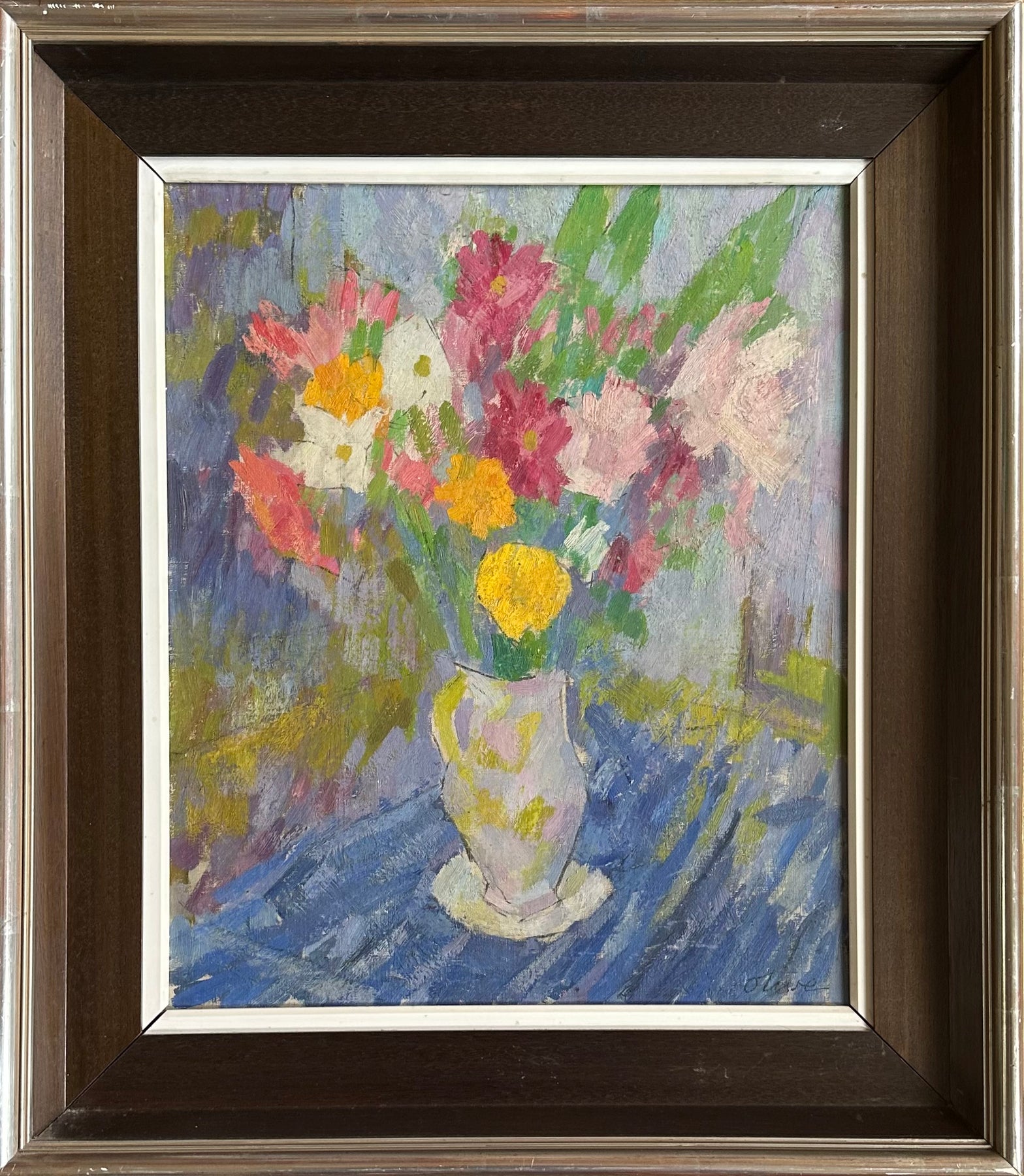 Still life painting of a vase of yellow, pink, and white flowers in an impressionist style.