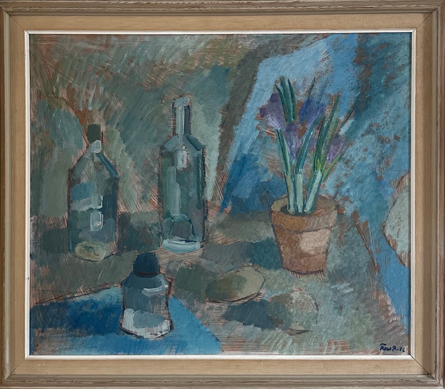 Dark still life vintage and decorative art painting depicting multiple objects on a table including a glass bottles and plants.