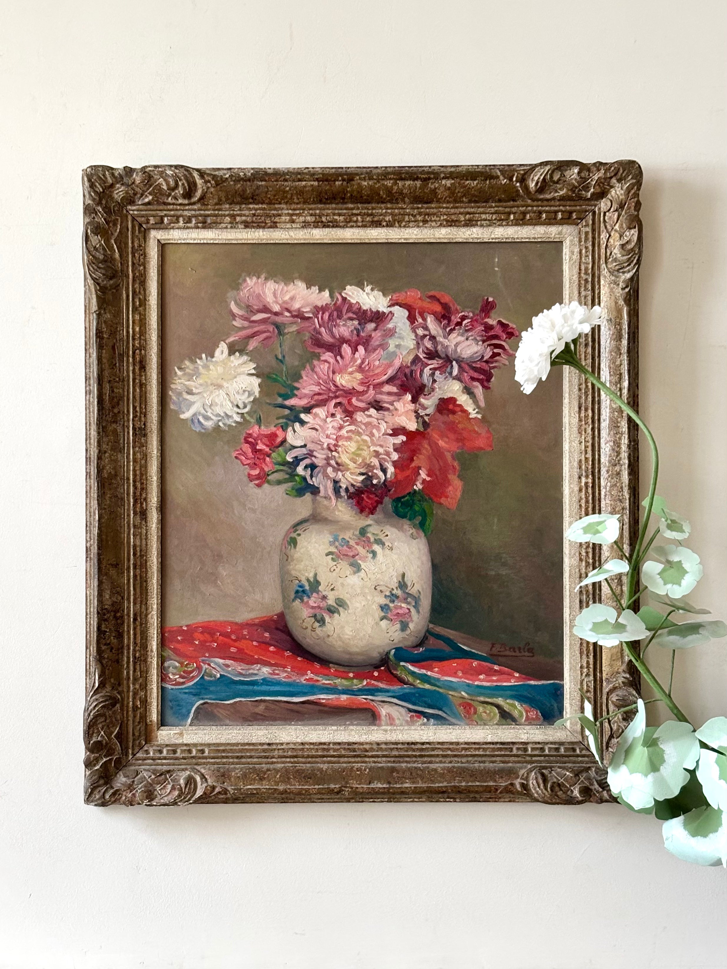 Pink and White Flowers in an Antique Vase