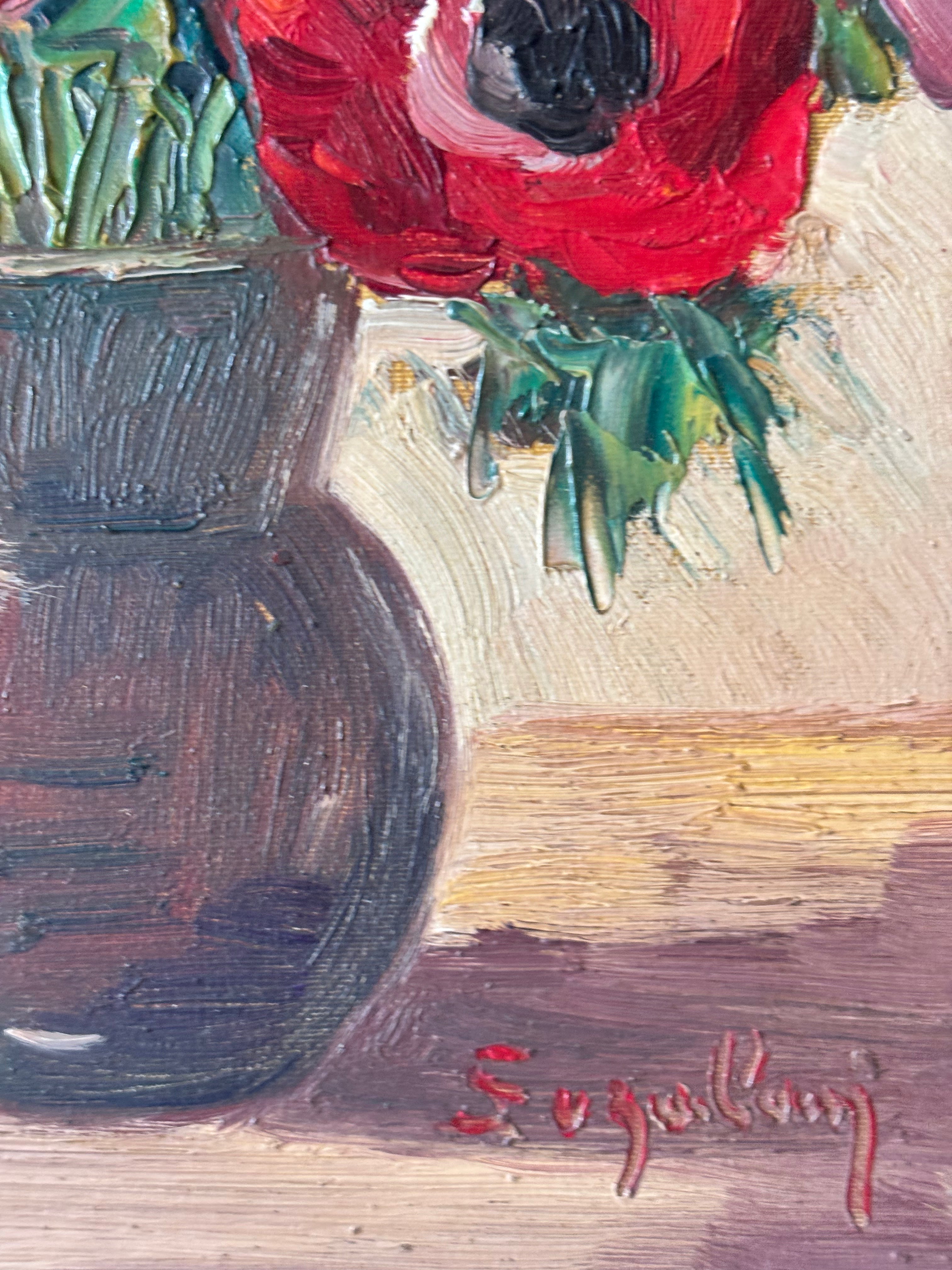 Anemones in Brown Pottery Vase