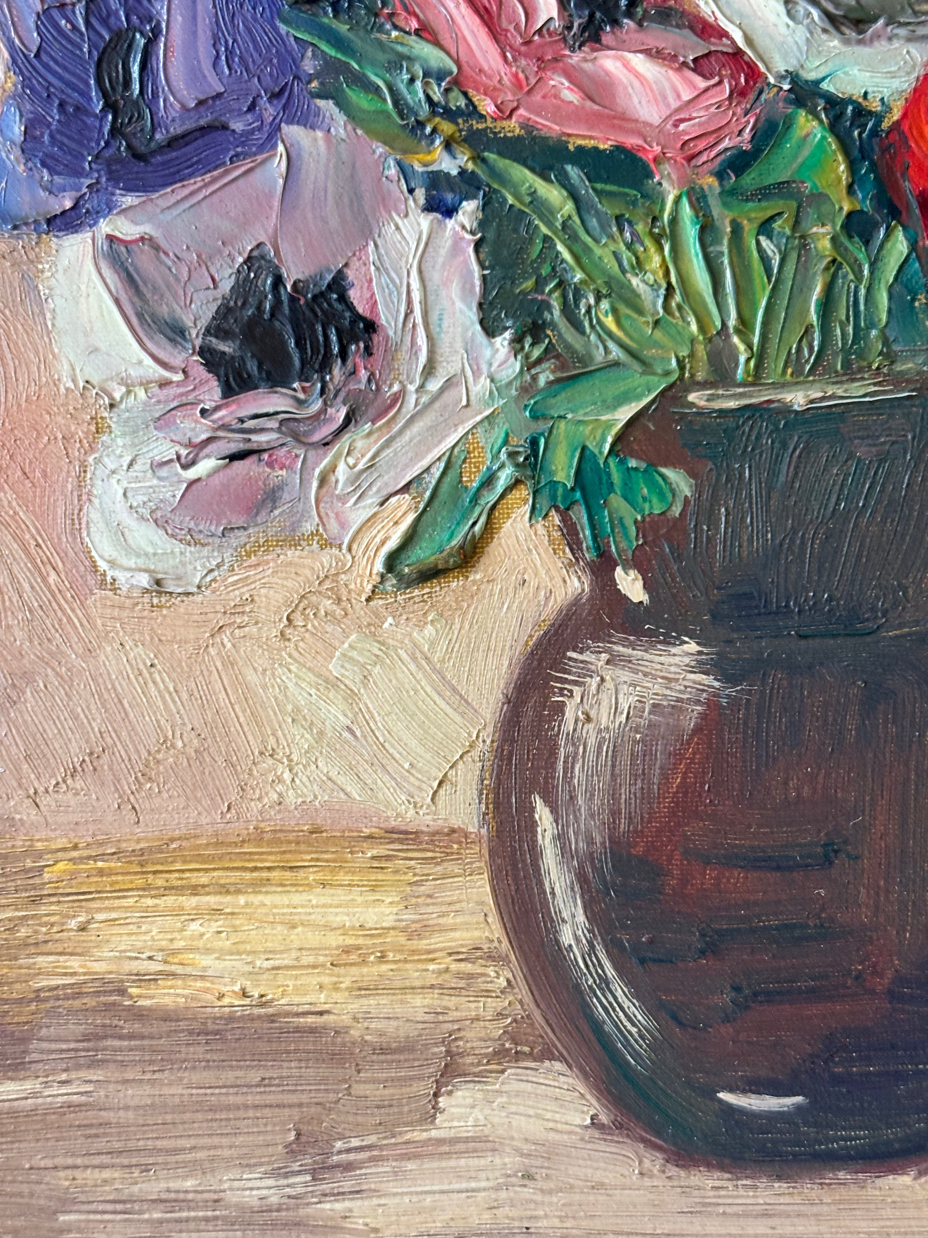 Anemones in Brown Pottery Vase