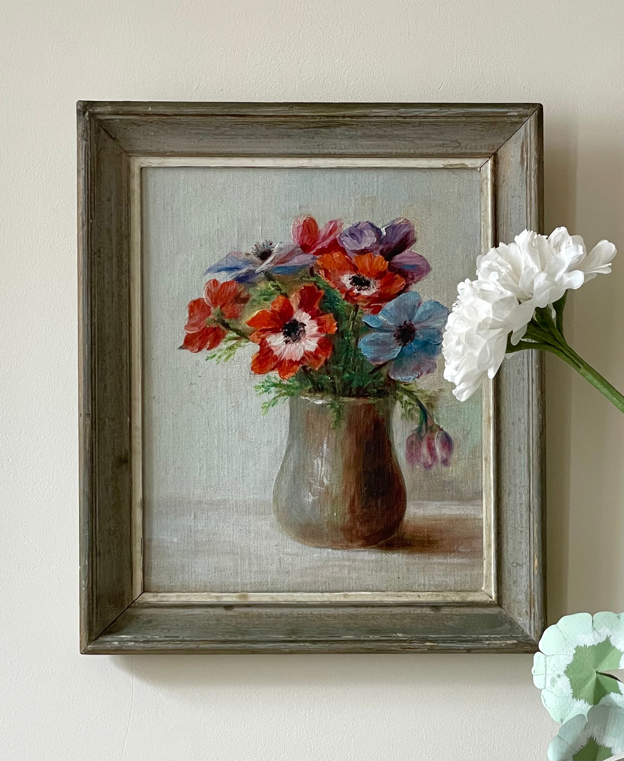 Anenomes in Brown Pottery Vase