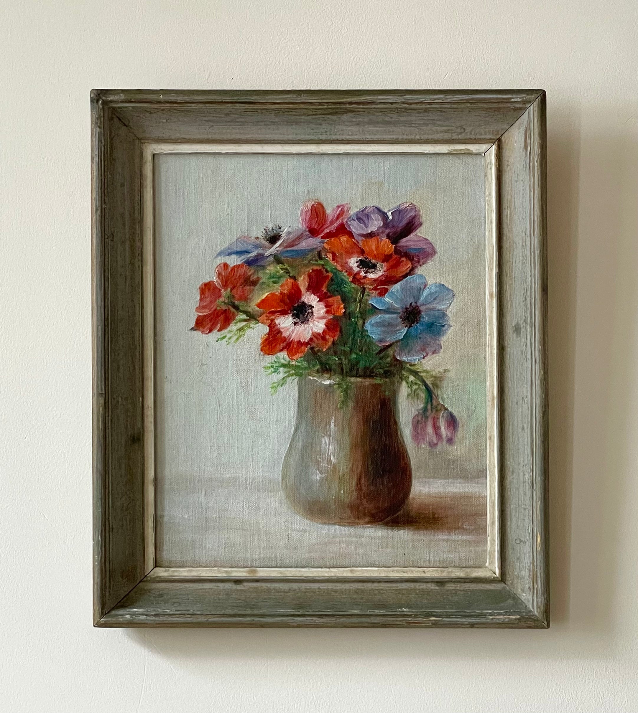 Anenomes in Brown Pottery Vase