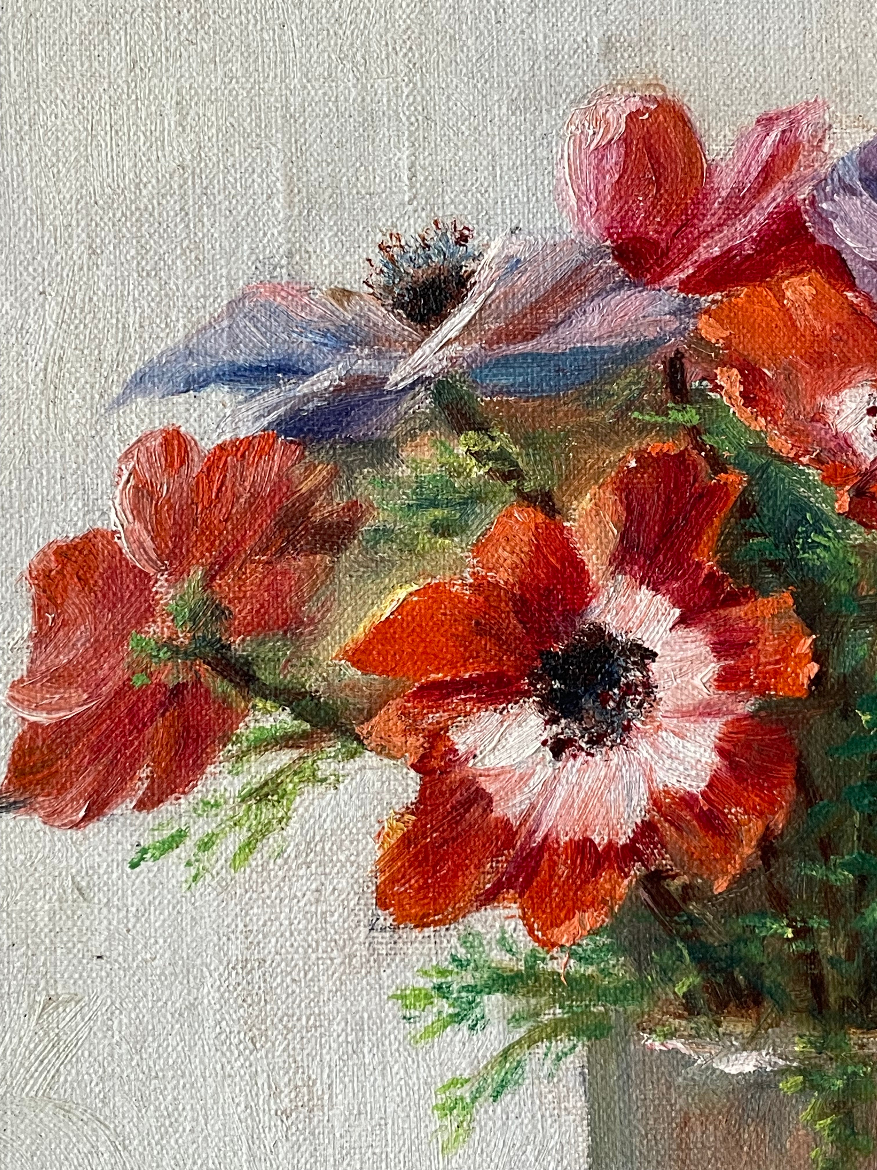 Anenomes in Brown Pottery Vase