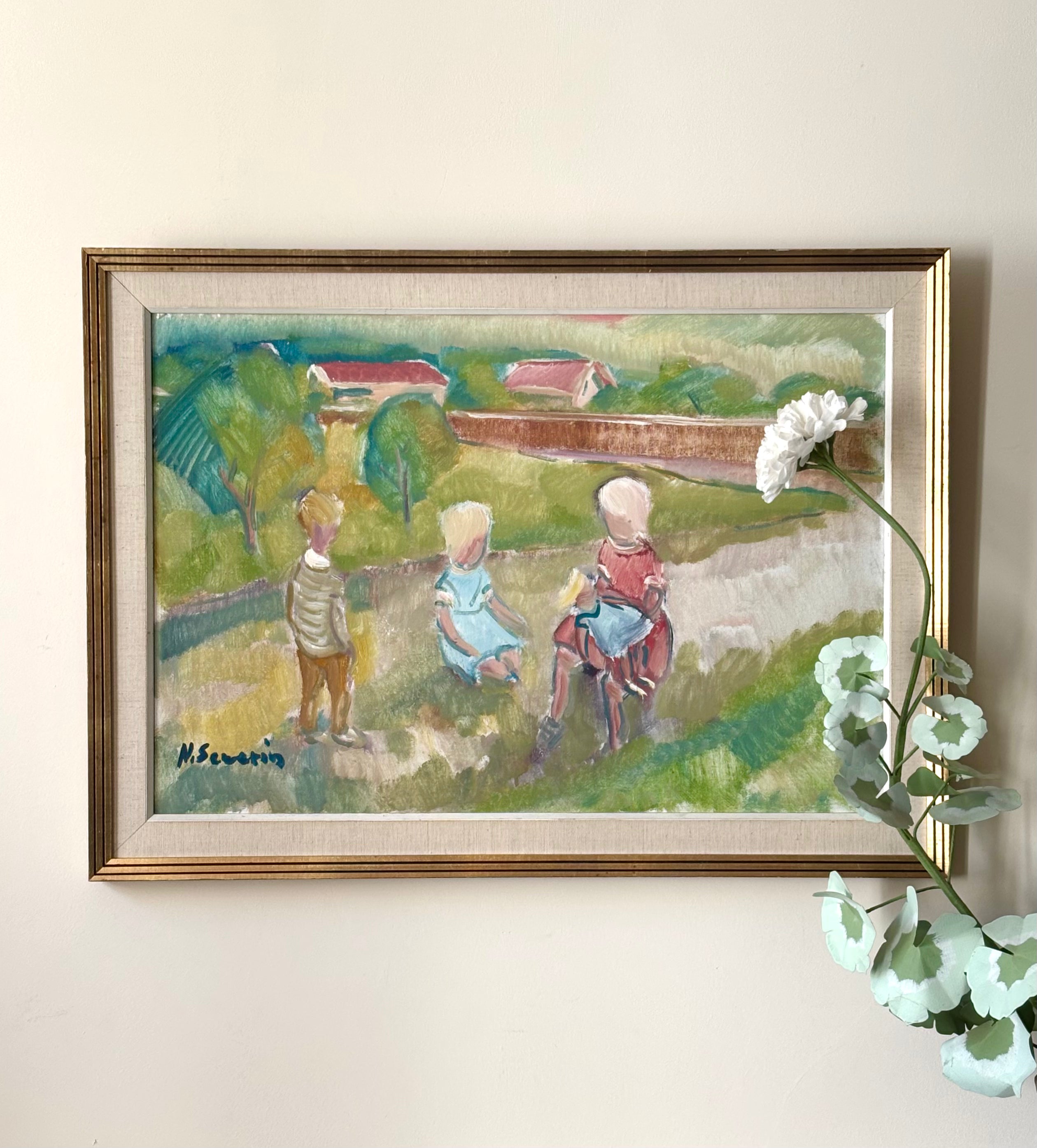 Swedish vintage oil painting of three children sat talking in a garden
