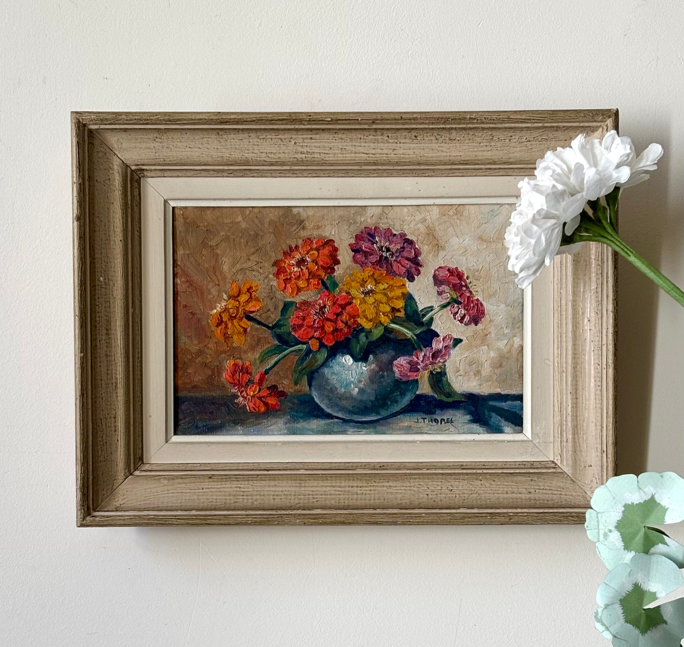 Zinnias in a Blue Vase
