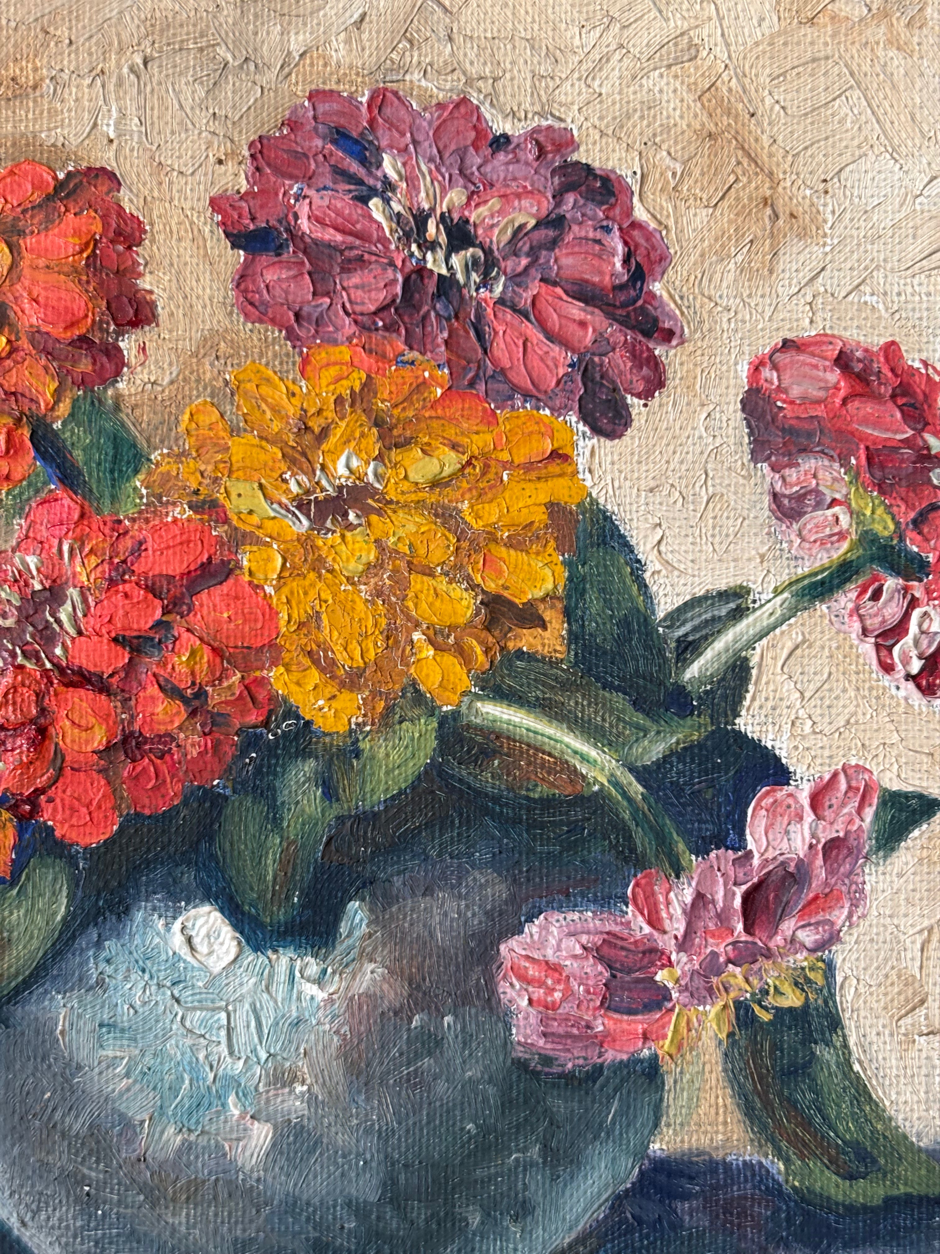 Zinnias in a Blue Vase